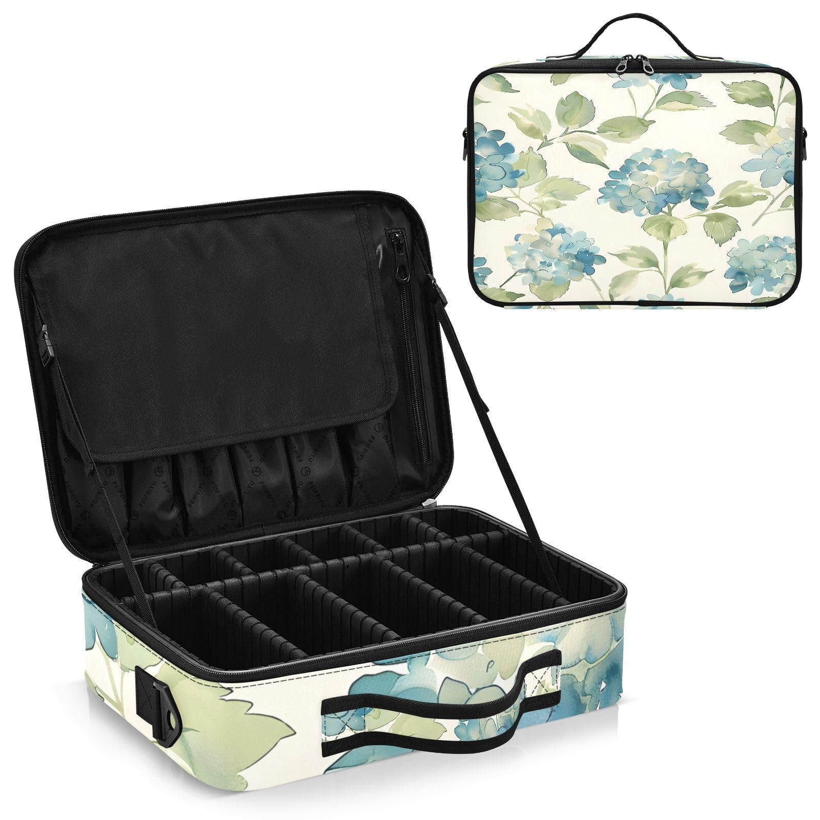 zyrtty Travel Makeup Train Case Light Blue Hydrangea Pattern Cosmetic Organizer Portable Storage Bag with Adjustable Dividers for Cosmetics Brushes Toiletry Jewelry Digital Accessories