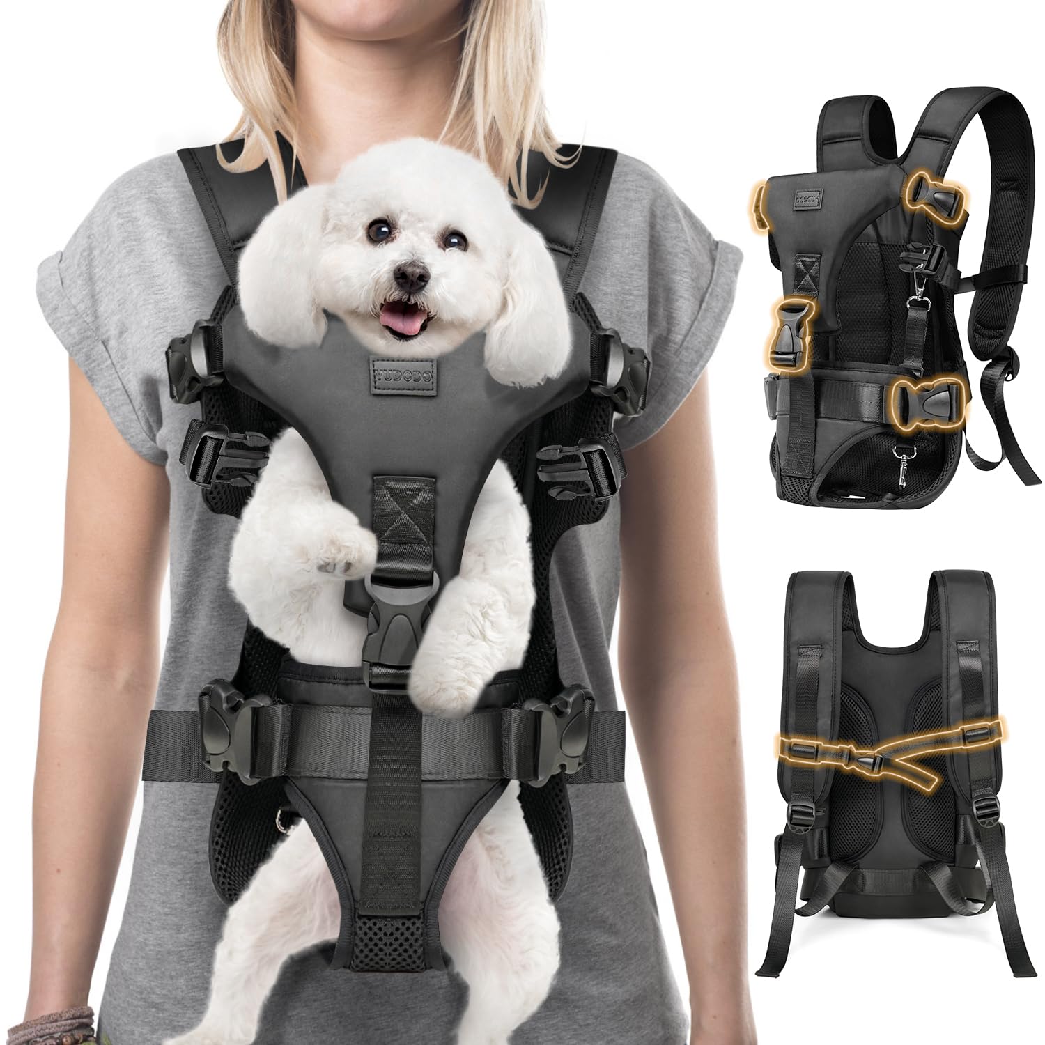 YUDODO Dog Backpack Carrier with Adjustable Safety Buckle Easy-fit Pet Dog Front Carrier for Small Medium Dog Legs Out Dog Chest Carrier for Traveling Walking Cycling (M Black)