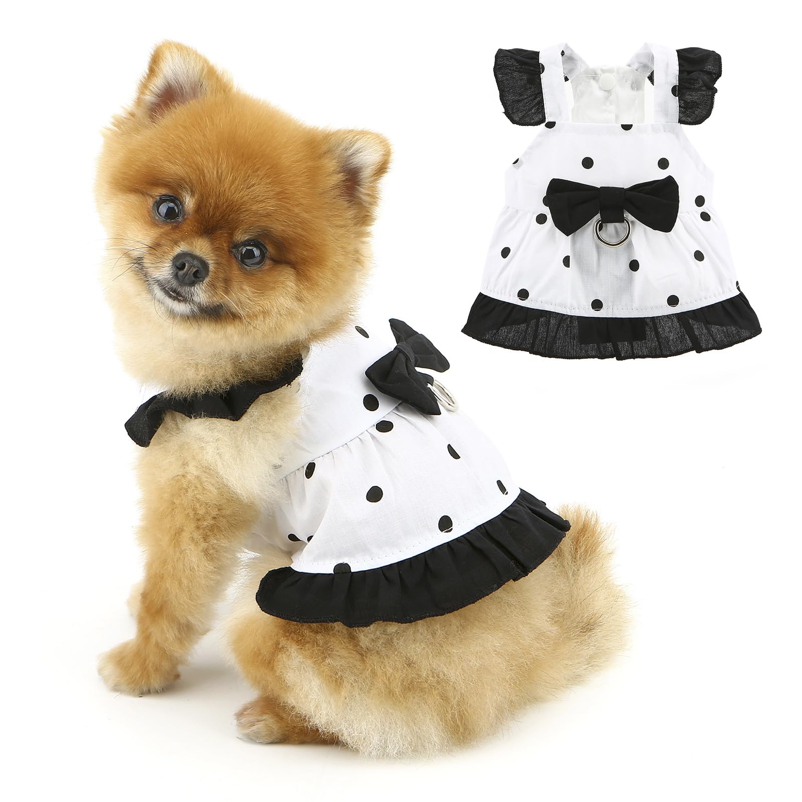 PAIDEFUL Girl Dog Princess Dress,Polka Dot Puppy Sundress Fashion One-Piece with Bowknot Soft Breathable Pet Strap Skirt Clothes Lightweight Button Up Cats Apparel Chihuahua Costume D-Ring,Black,S