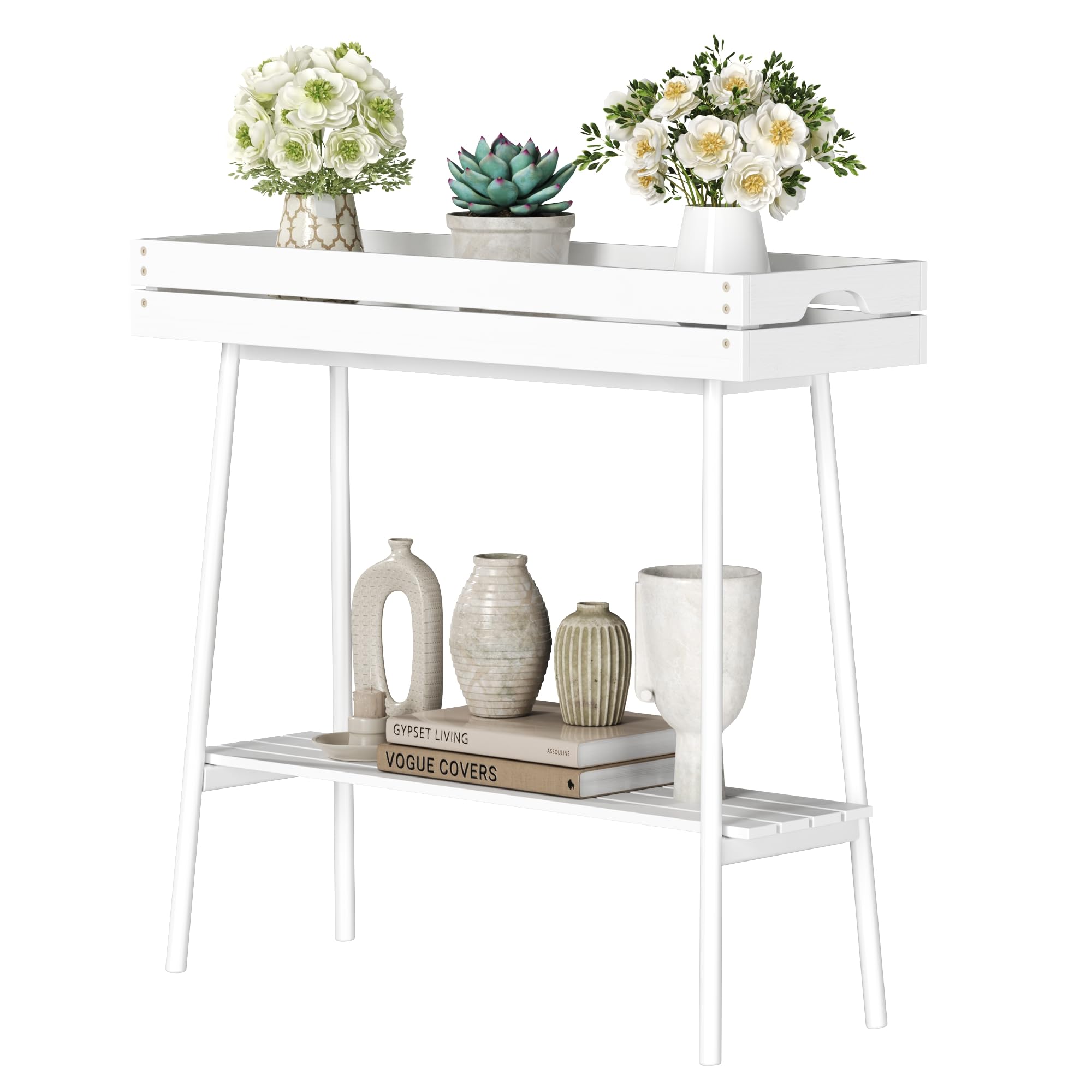 BAMBANG Bamboo Plant Stand Indoor, 2 Tier Wood Plant Table, Tall Plant Pot Stand for Indoor Plants, Window Sill Plant Shelf, Plant Holder Flower Stand for Living Room Outdoor, White