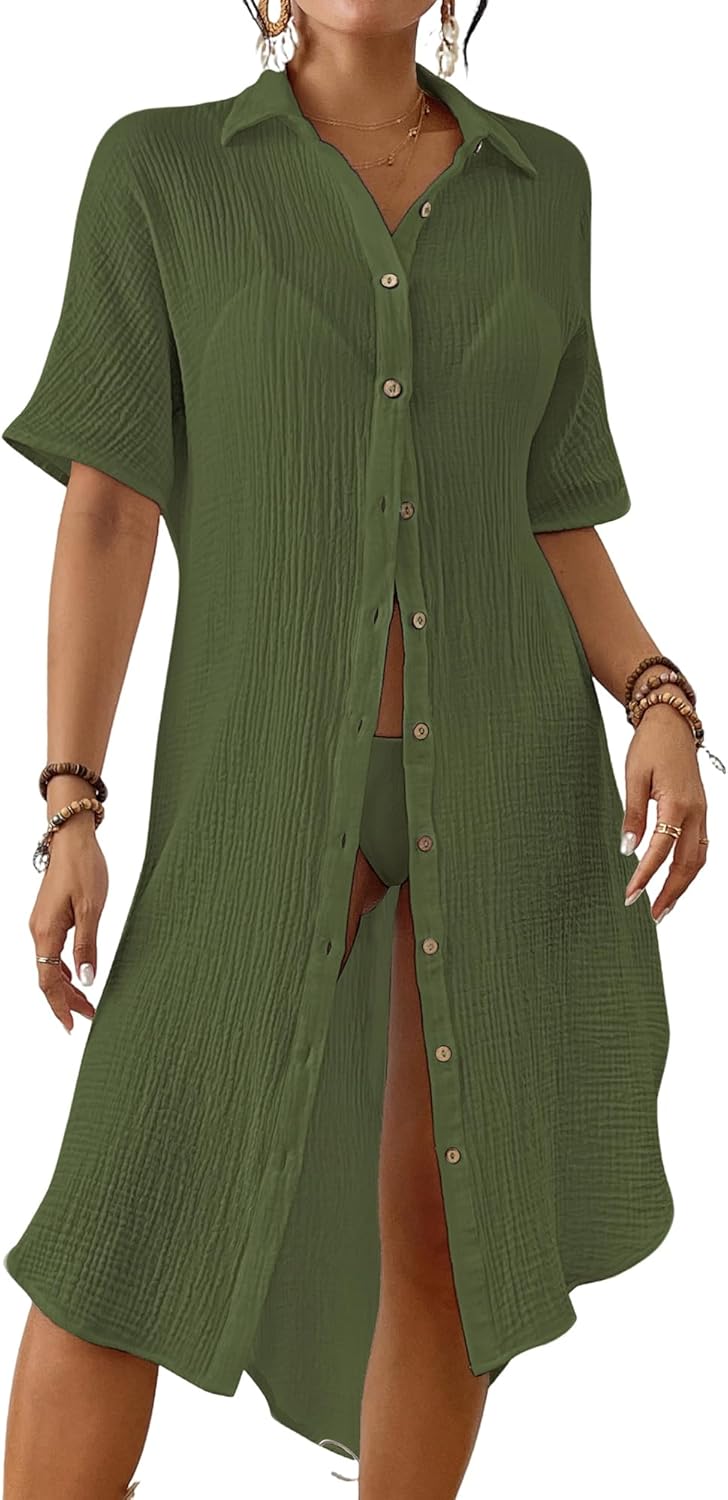 Bsubseach 2026 Cotton Beach Cover Up for Women - Long Button Down Swimsuit Coverup Bathing Suit Shirt Dress Vacation Outfits