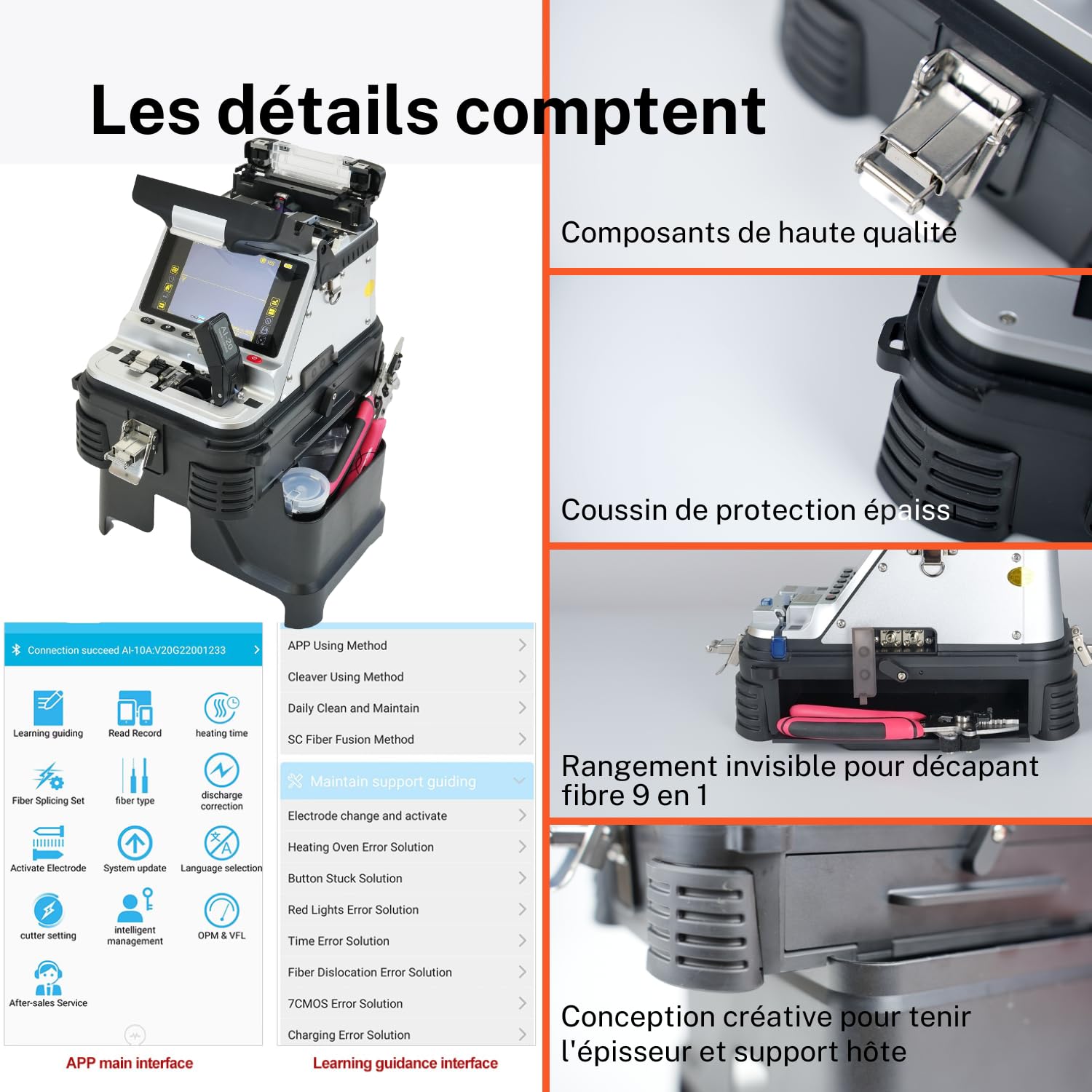 AI-20 Soudeuse Fibre Optique avec Cliveuse fibre optique électrique en une étape Fusion Splicer AI-20 mis à niveau à partir de AI-10A épissage 6s et chauffant 15s avec OPM VFL Batterie 7800mAh