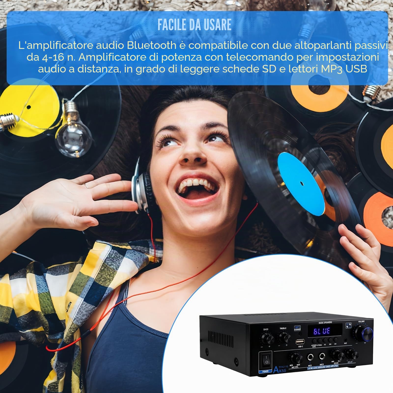 AK55 Amplificatore HiFi Mini Bluetooth 5.0 Stereo Amplifier 2.0 Canali 70W X 2 Audio Amplificatore Digitale Amplificatore con radio FM, telecomando, Opt/AUX/RCA/USB/MIC/BT