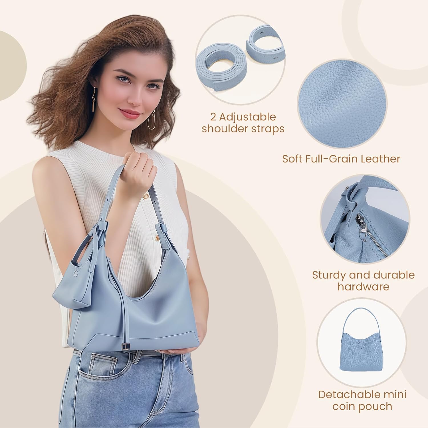 Genuine Leather crossbody Bag for Women, Slouchy crescent Hobo bag Purses shoulder bag with Adjustable Strap - Image 4