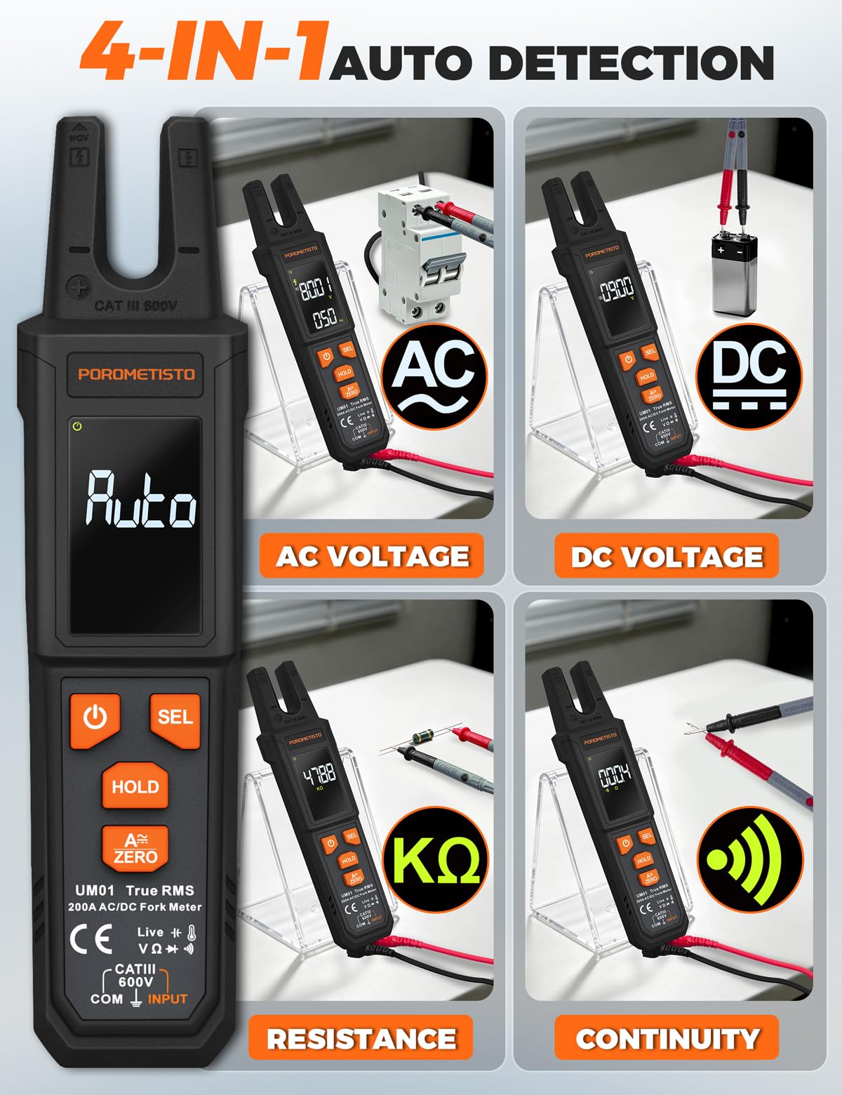 Pinza Amperometrica Professionale UM01 Morso a U POROMETISTO 4000 TRMS | Milliampere Multimetro Digitale Autorange, Auto-ID AC/DC, NCV, Live, Resistenza, Capacità, Temperatura, 1000V Tester