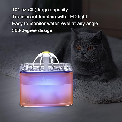 Miniatura 9 de Fuente de agua de cristal para gatos de acero inoxidable, fuente para mascotas de 101 oz3 L con luz LED para gatos y perros (verde)