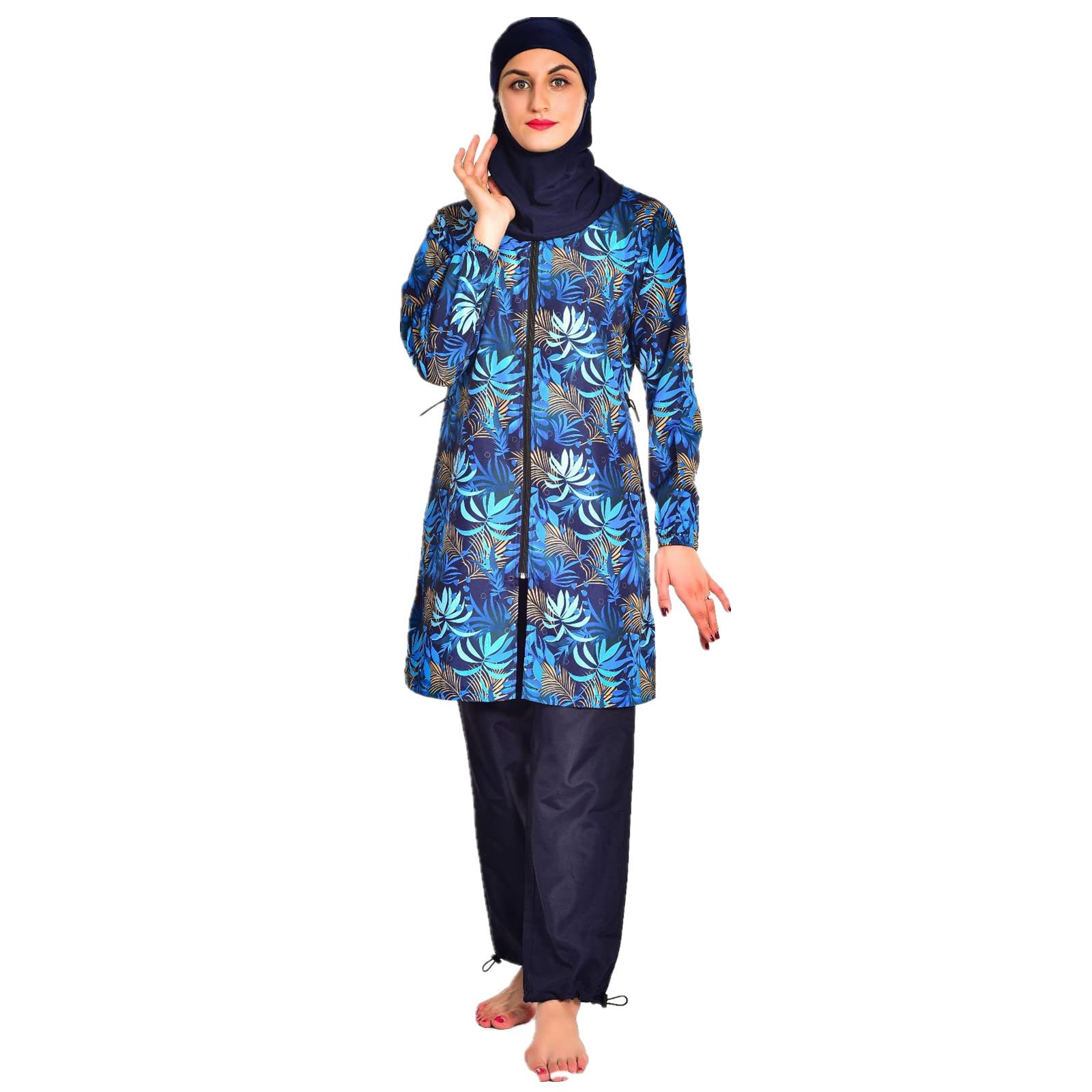 Modest Reißverschluss Badebekleidung für Damen Muslimischer 3-teiliger Surfanzug Langarm Badeanzug Burkini Sonnenschutz Badeanzug