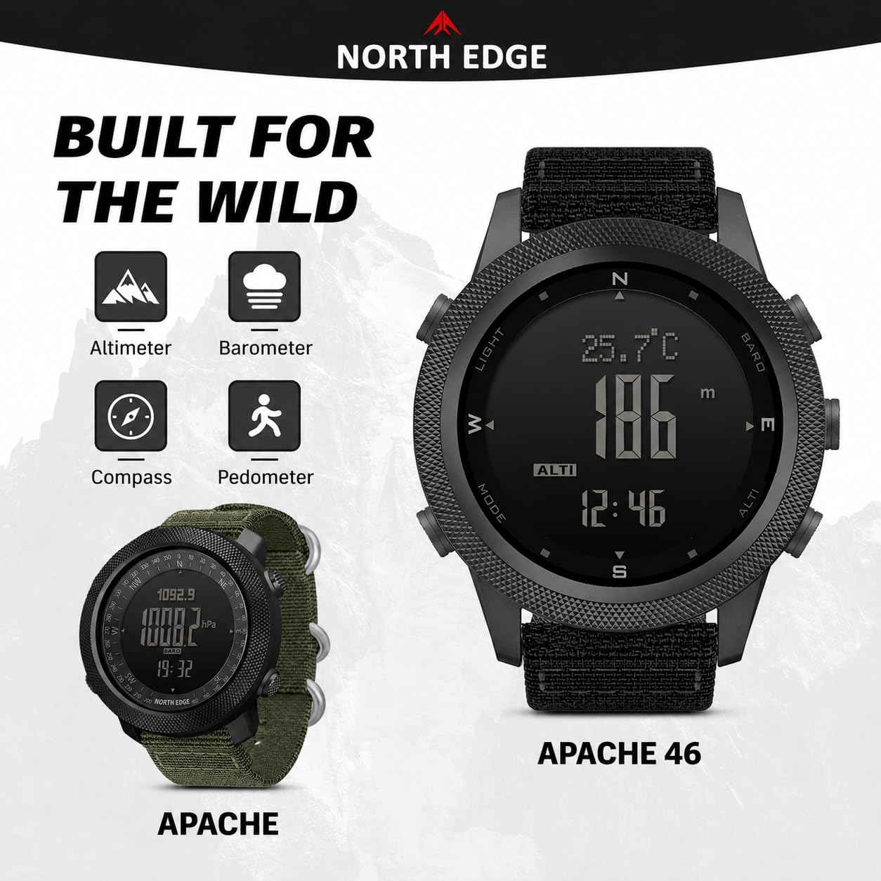 NORTH EDGE APACHE-46 Orologi Sportivi Digitali da Uomo Orologi Militari Con Bussola Temperatura Passi Tracker Sport Orologi Tattici di Sopravvivenza