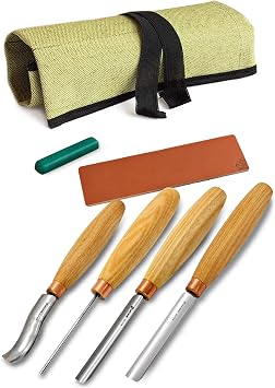 BeaverCraft Wood Carving Gouges Chisels Kit SC01 - Wood Spoon Carving Chisel Set - Whittling Tools Includes Radial Gouges, Flat Chisel, Bent Gouge, Leather Strop & Rolling Pouch
