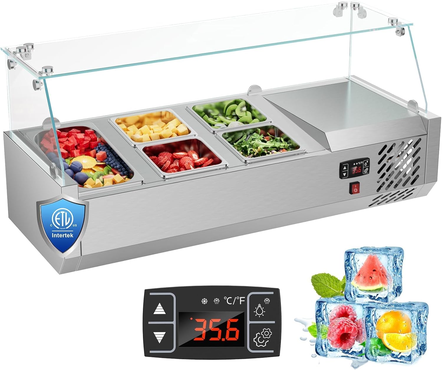 Mojgar ETL Certified 40 inch Sandwich & Salad & Pizza Bar Refrigerator Countertop,304 Stainless Steel Food Prep Table Station Fridge,Commercial Condiment Cooler with 1/3 Pan*1 & 1/6 Pan*4,Glass Guard