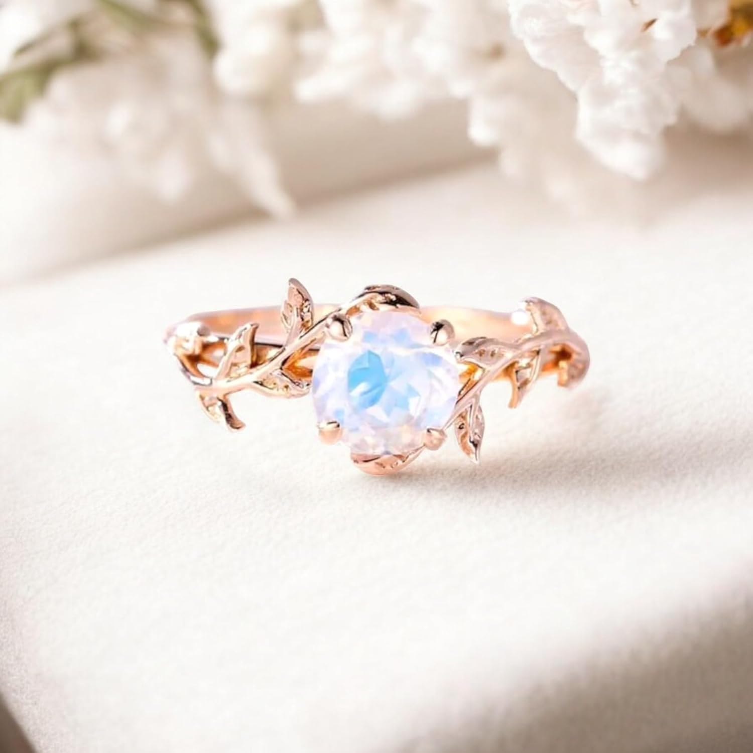 Natural Moonstone Rings for Women Art Deco Leaf Ring Natured - Inspired Design 14k Rose Gold Jewelry Birthday Gifts for her Tarnish Free Comfort Fit