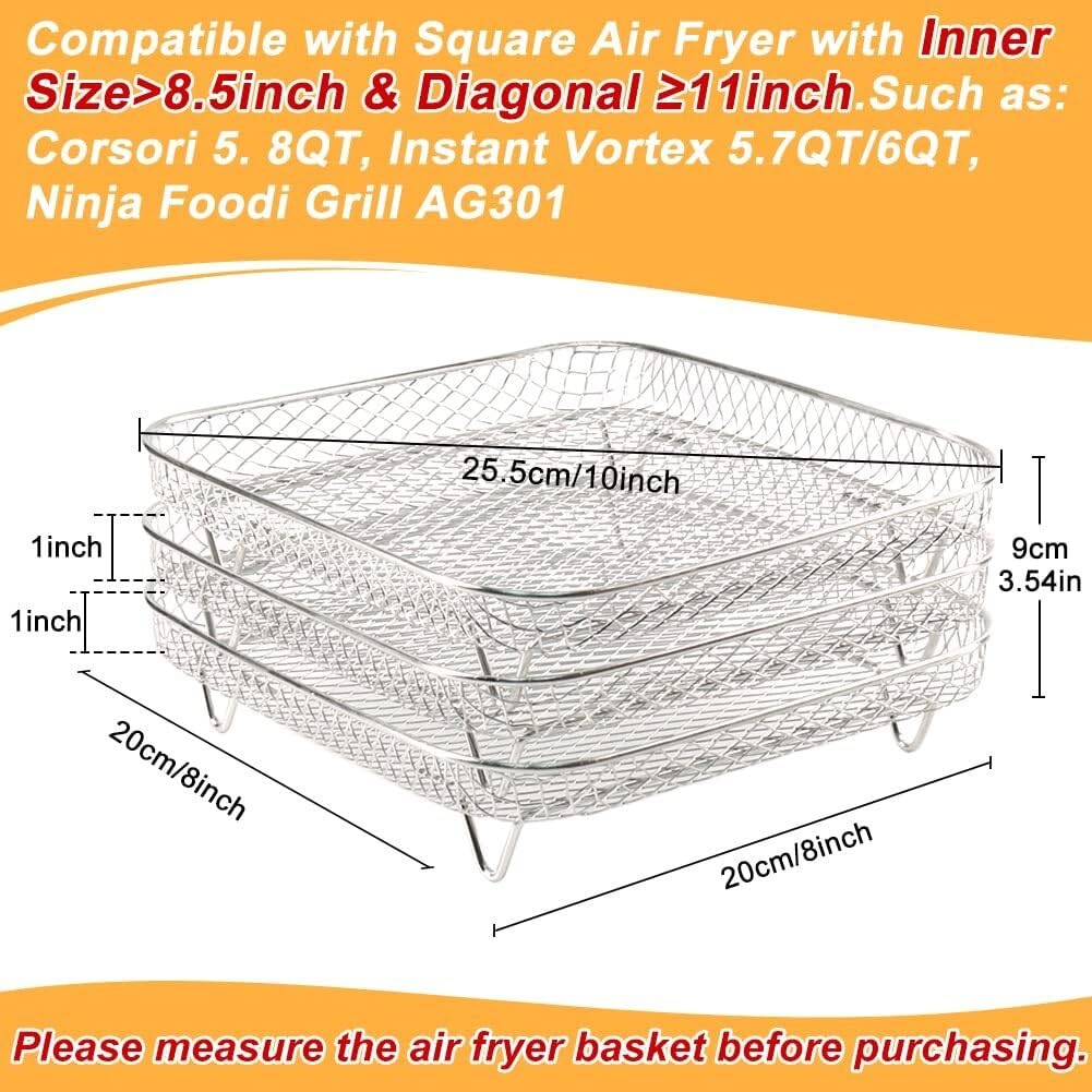 Fritteusenkorb für Pommes Quadratisches Airfryer-Rack-Set mit 3 stapelbaren mehrschichtigen Racks Abtropfgestell Frittierkorb