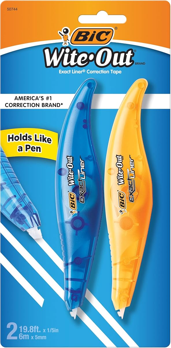 BIC Wite-Out Brand Exact Liner Correction Tape, 19.6 Feet, White, 2-Count | Fast, Clean and Easy to Use, Tear-Resistant Film-Based Tape, Clear Dispenser with Grip Zone for Comfort, White Color