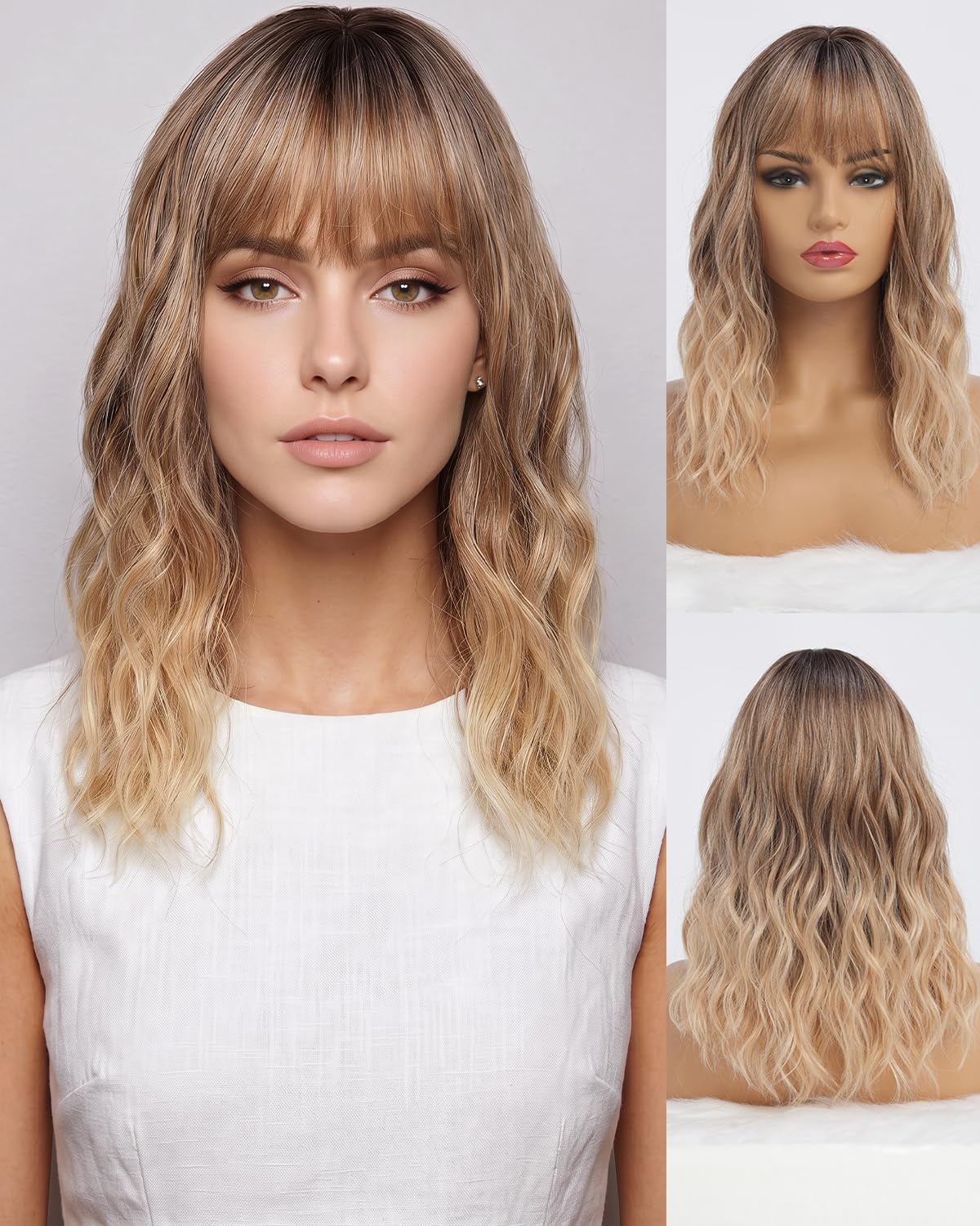 simkaylee Middle Length Blonde Wigs with Bangs for Women Ombre Blond Wig Dark Roots with Water Wave Natural Looking Fringe Bang Wig Heat Resistant Hair for Dail