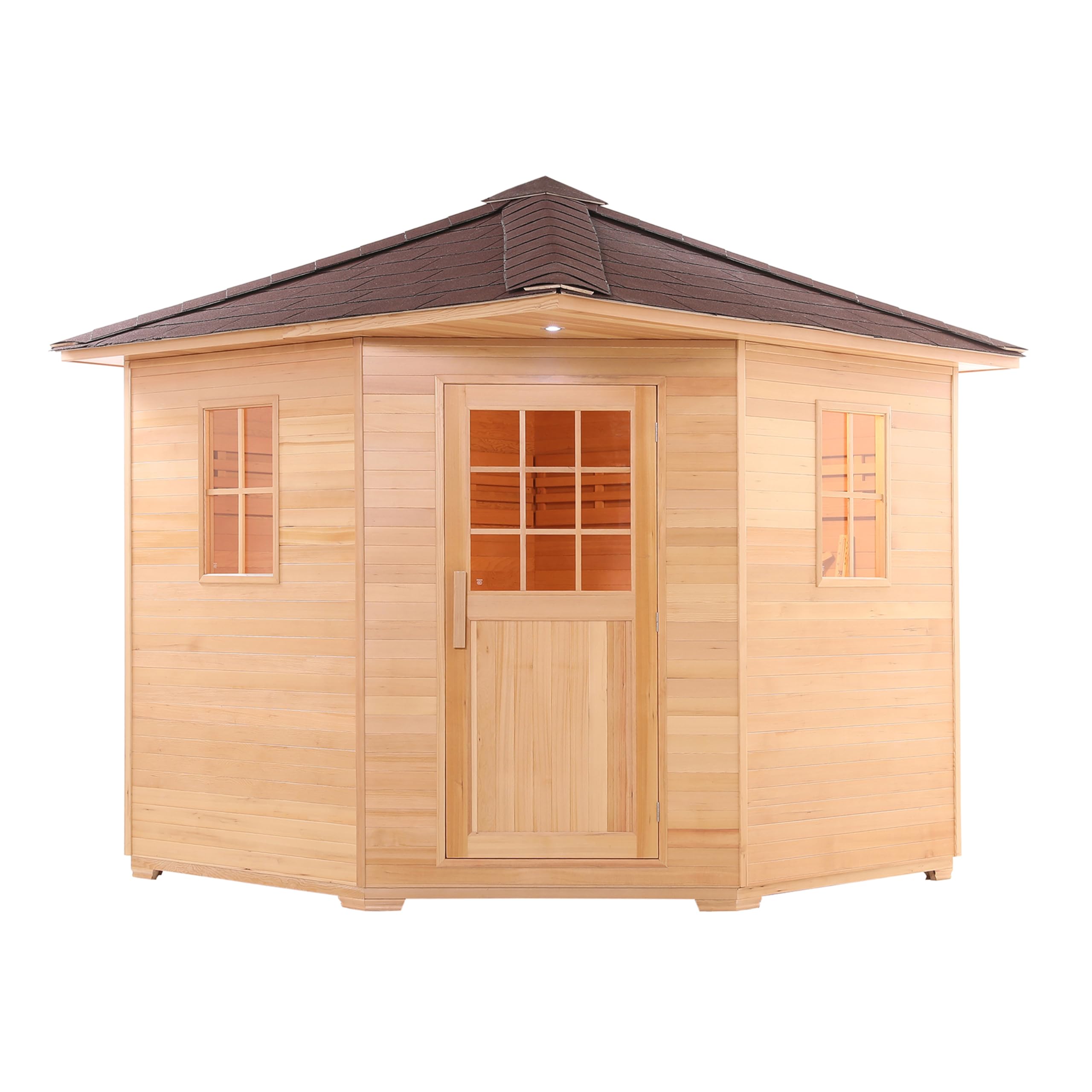 ALEKO Sauna Cottage with Asphalt Roof and Accessories | Canadian Hemlock Wood | Wet Steam Room | Outdoor | 8 Person | Upgraded Premium European 8 kW Harvia KIP Electric Heater | SKD8HEM
