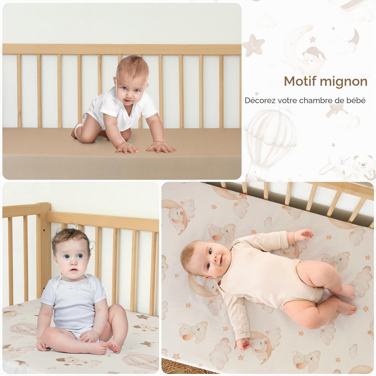 Drap Housse 60x120 Lit Bébé – Lot de 3 Drap Housse Bébé en Microfibre Respirante Drap Lit Bébé Ajustable avec Élastique 360° pour Lit et Berceau Ballon Brun