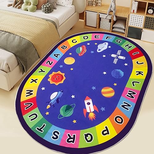 Miniatura 3 de USTIDE Alfombra grande ovalada educativa para niños, 5 x 7, ABC alfabeto, planeta, divertida, alfombra antideslizante para juegos y sala de juegos