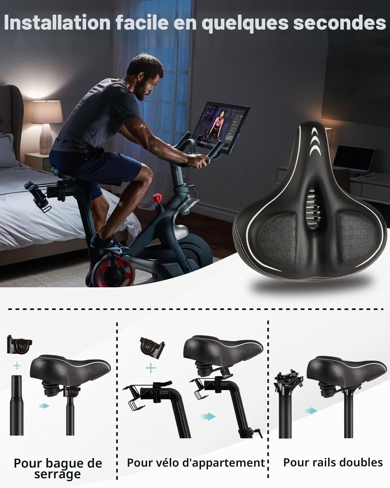 Fitense Selle de vélo surdimensionnée pour Peloton Bike & Bike+, coussin de siège confortable compatible avec Peloton, vélos de route ou d'appartement, large selle de rechange pour homme et femme,