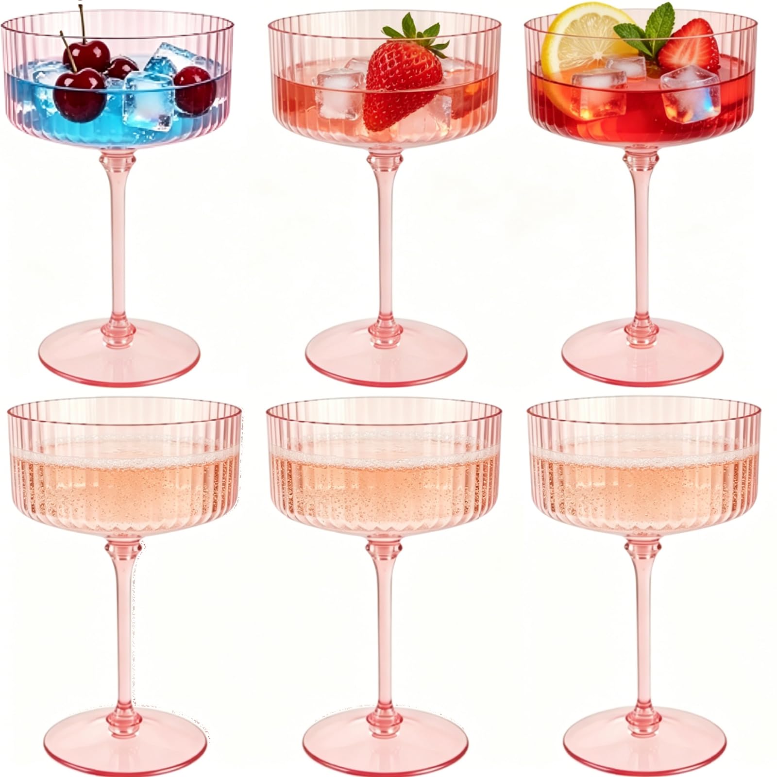 PLULON 6 Pcs Pink Champagne Martini Glasses Set 10 Oz Plastic Ribbed Coupe Cup, Cocktail Glasses Champagne Cup Tower Vintage Margarita Glassware for Clubs Gifts Wedding Bachelor Party Outdoor Events