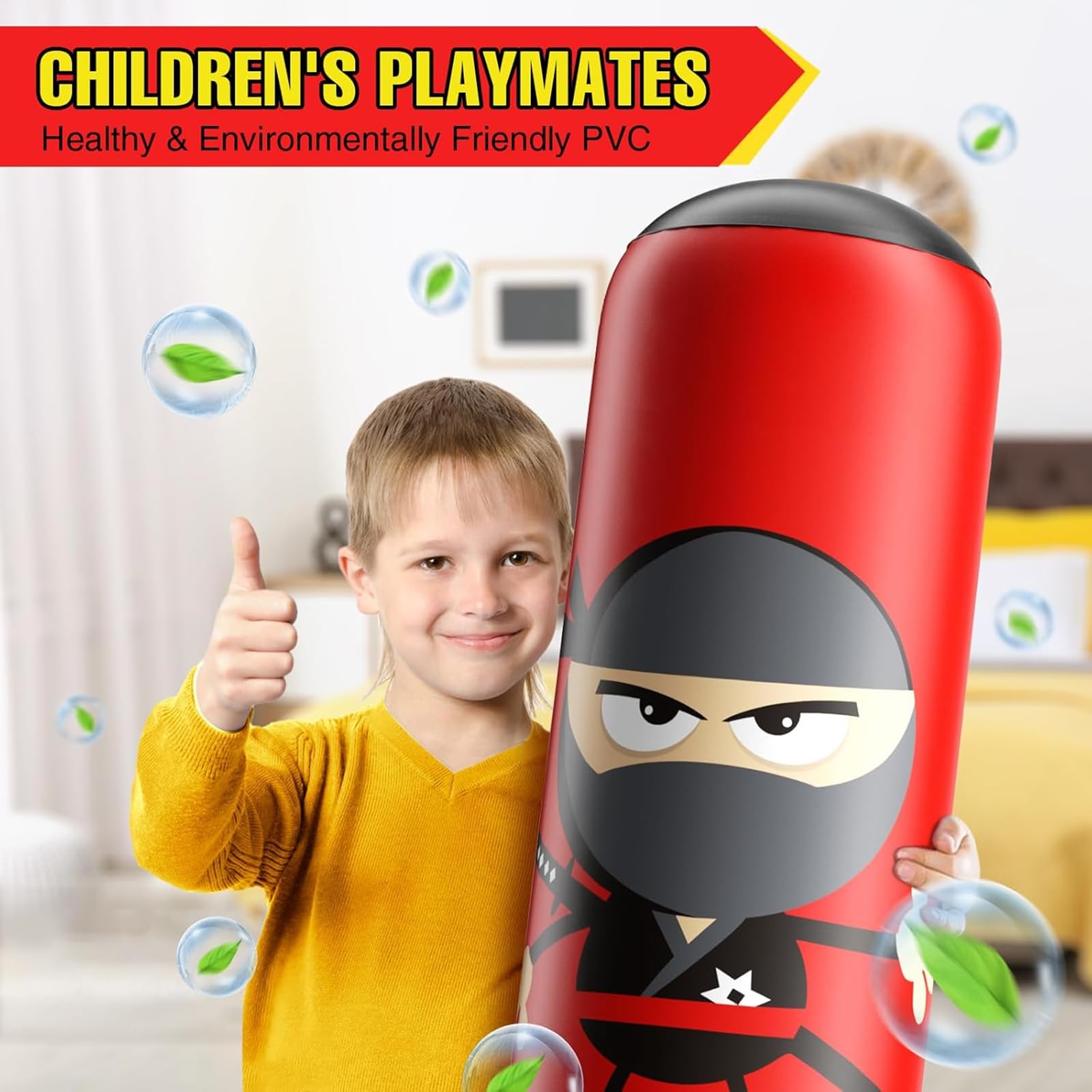 Sac de Frappe Enfant avec Gants de Boxe 165cm Ninja Gonflable Sac de Boxe pour Enfants 3-12 Ans Matériau épais Kit de Boxe pour Jeux Actifs et Réduction du Stress Cadeau pour Garçons et Filles - 3