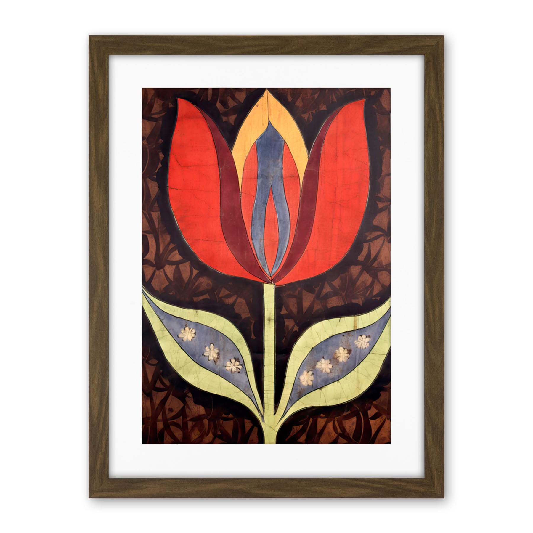 Artery8 A Single Tulip Flower Batik Style Pattern Folk Art Artwork Framed Wall Art Print 18X24 Inch