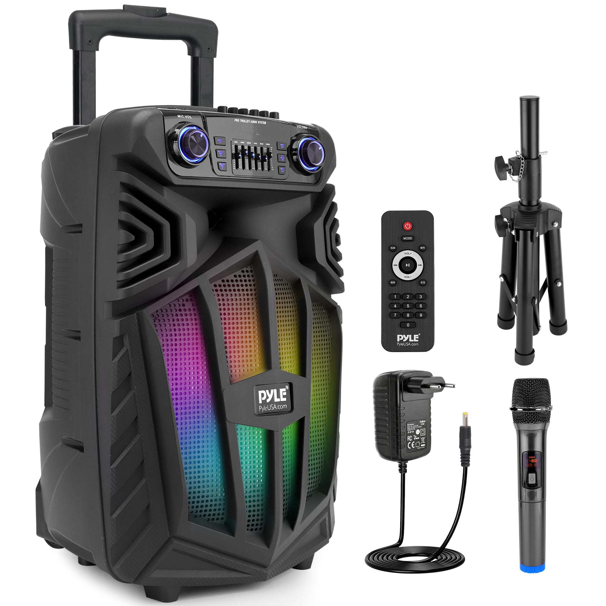 Pyle Sistema de Altavoces PA Bluetooth portatil, 1680W, Karaoke de 38cm, Recargable para Exteriores, Microfono inalambrico, Ruedas, Luces, Pantalla LED, Microfono, FM/AUX/MP3/USB/SD
