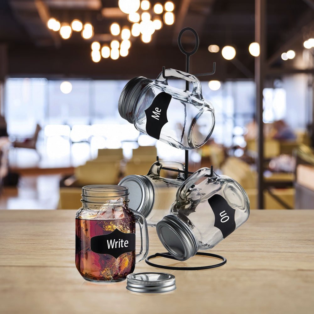Amazon.com | 4 Glass Mason Jars with Lids, Metal Stand, Chalk labels & Chalk  Marker - 16-oz Clear Chalkboard Mugs with handles on space-saver caddy: Bar  Tools & Drinkware