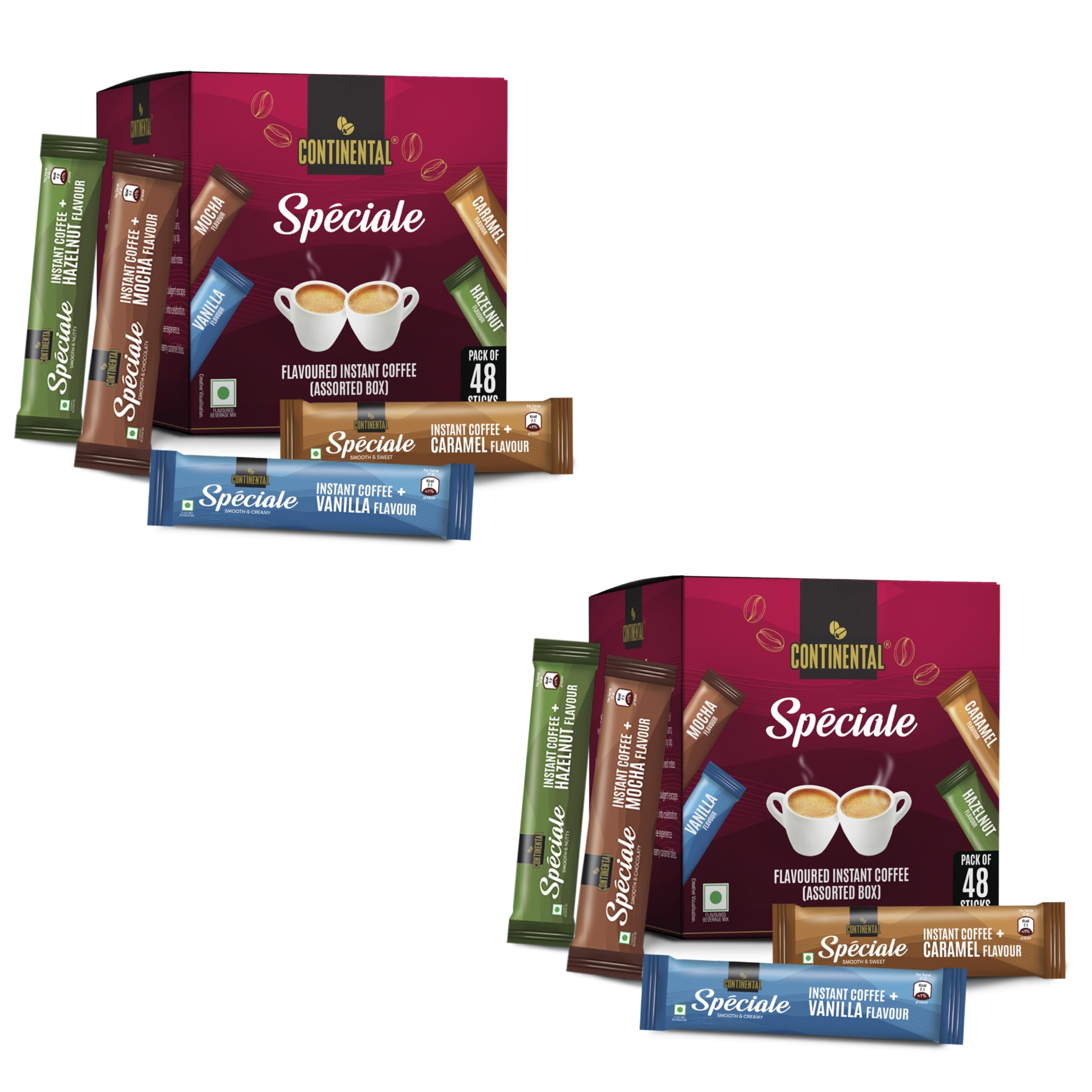 Continental Speciale Assorted Coffee Sachets - 192gm | Pack of 96 | Flavour Instant Coffee Powder | 2g Each - Hazelnut, Vanilla, Mocha, Caramel | Makes 96 Cups | Enjoy Hot or Cold