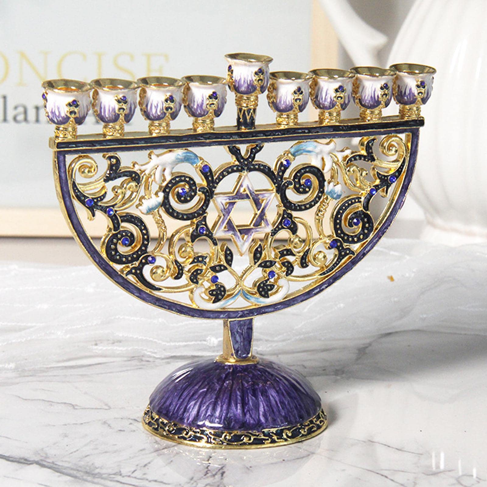Menorah Candelabro Brazos en Metal Esmalte Adornado Motivo Floral Pintado Detalles de Cristal Adecuado para Oración Religiosa Sinagoga y