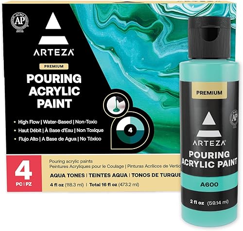 ARTEZA - Juego de pintura acrílica para verter, 4 colores de arcoíris, botellas de 4 onzas, tonos aguamarina, pintura acrílica de alto flujo, no