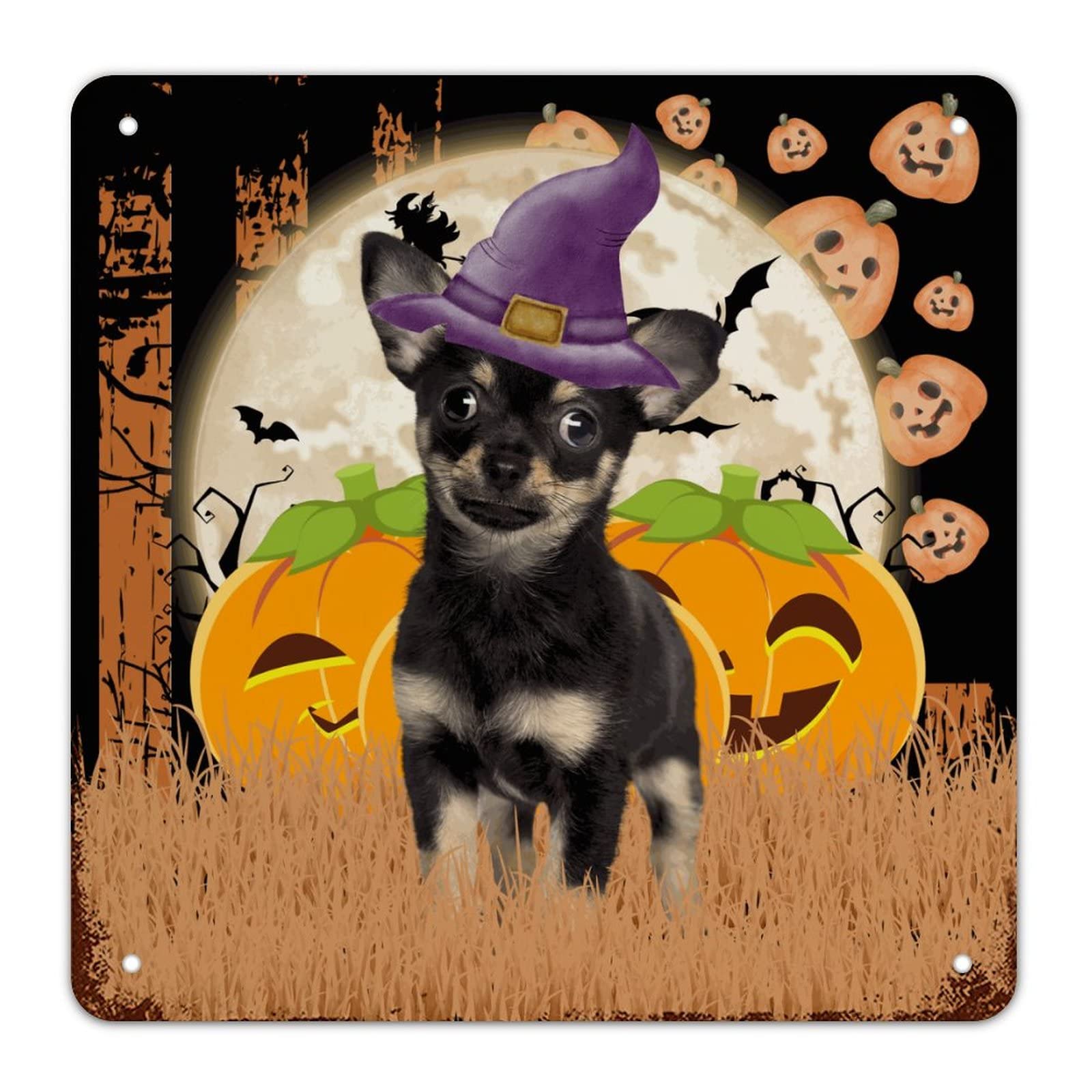 Panneau halloween sorciere bouledogue anglais lanterne citrouille decoration murale