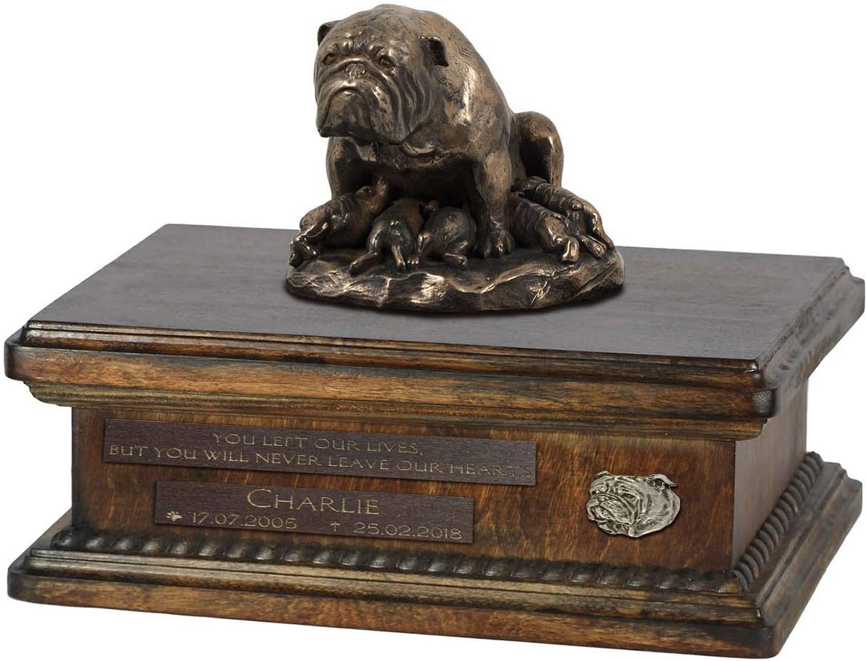 Art-Dog Custom Dog Sitting Statue Memorial Urn - Handmade Cold Cast Bronze on Birch Base – Sturdy and Stylish Urn for Dog’s Ashes – 8.3x11.4x8.7 – 5l – English Bulldog V