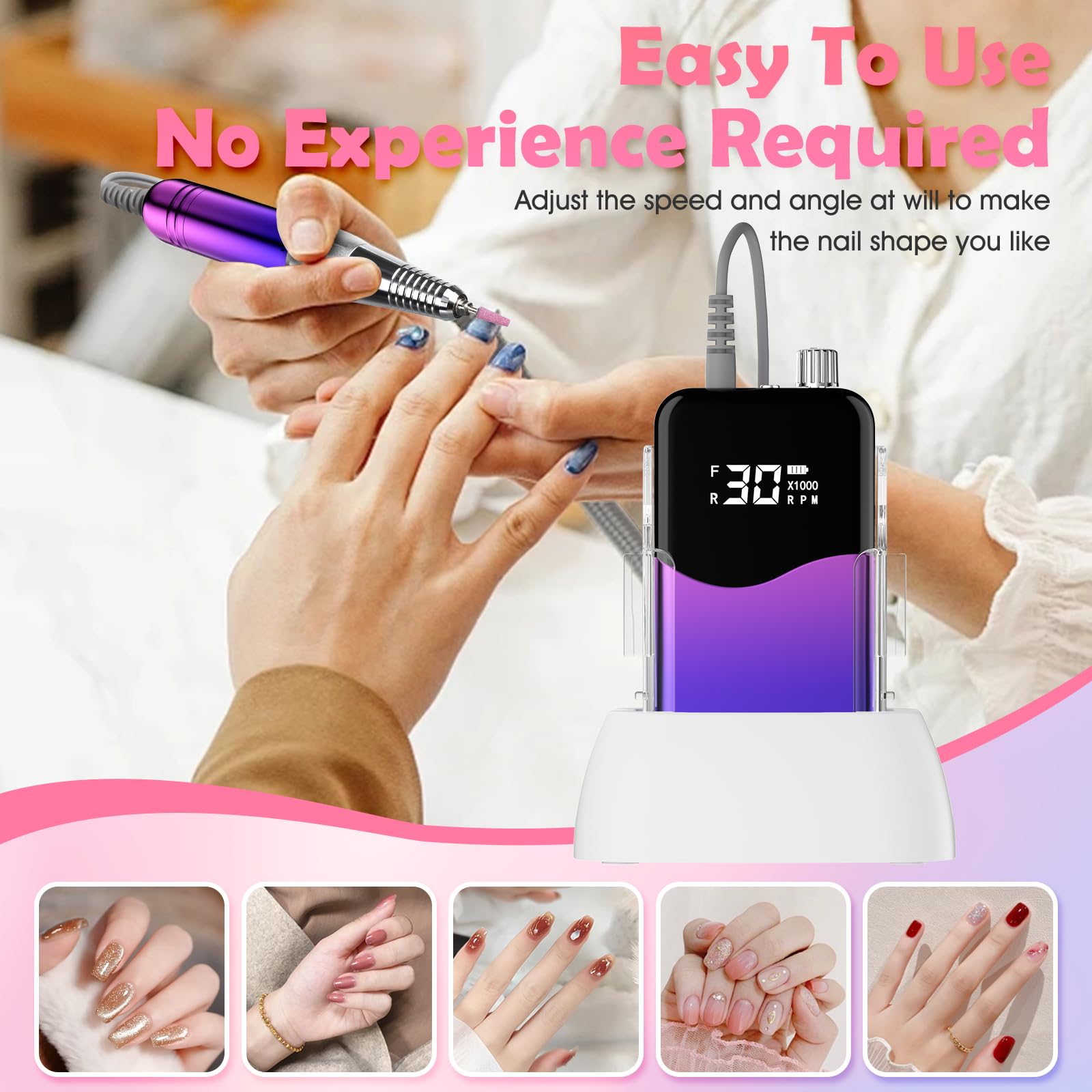 CIVPOWER Fresa per unghie professionale: lima elettrica per unghie da 35.000 giri/min, portatile, ricaricabile, con display a LED, kit di strumenti per manicure, pedicure, saloni fai da te, fai da te,