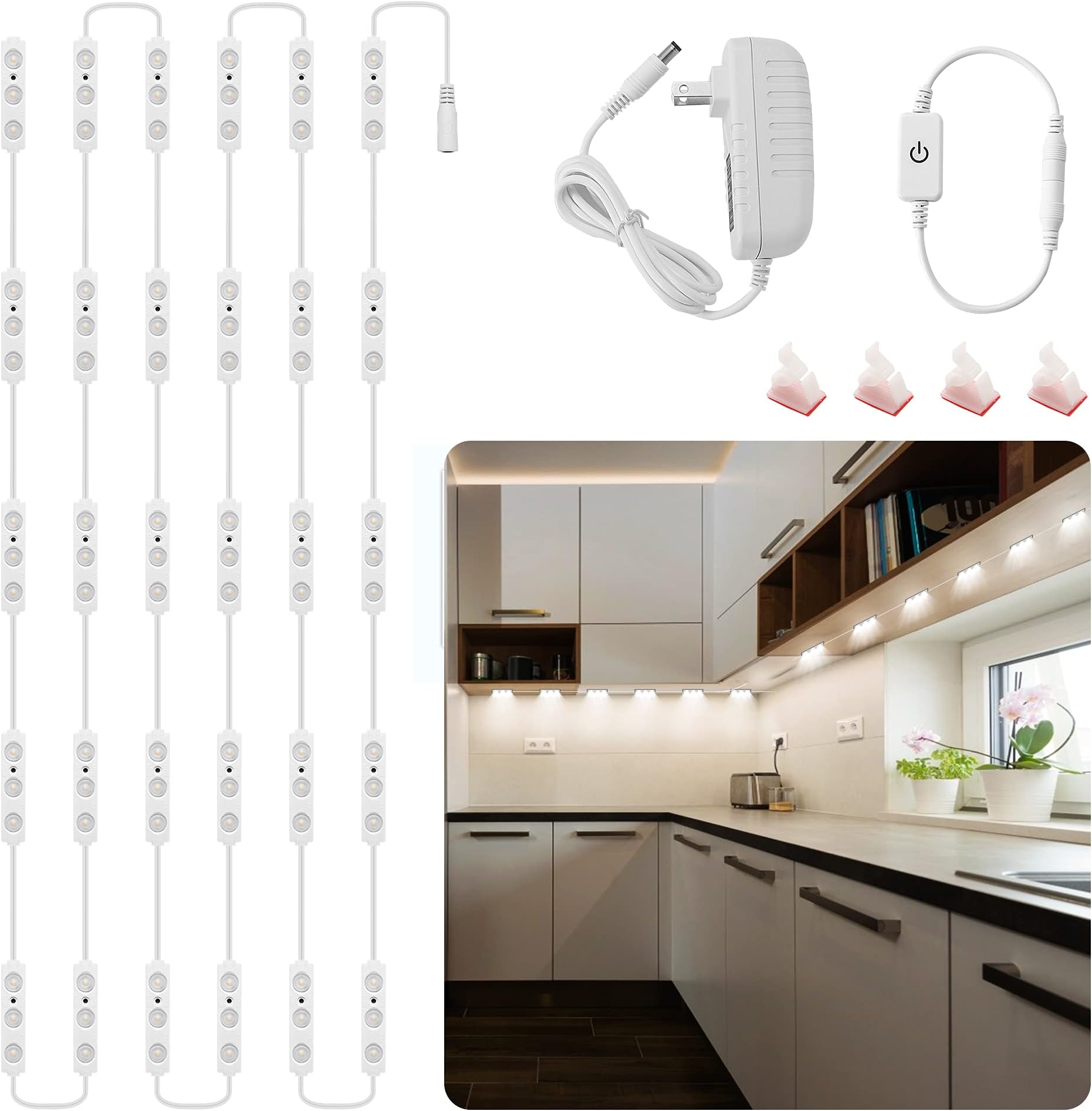 Flexible Jewelry Showcase Lights Kit, 14FT Adhesive Led Light for Display Case with Power Adapter, Dimmable Bright White Under Counter Light, 90 LEDs for Kitchen Cabinets Cupboard, 1800lm, 6000K