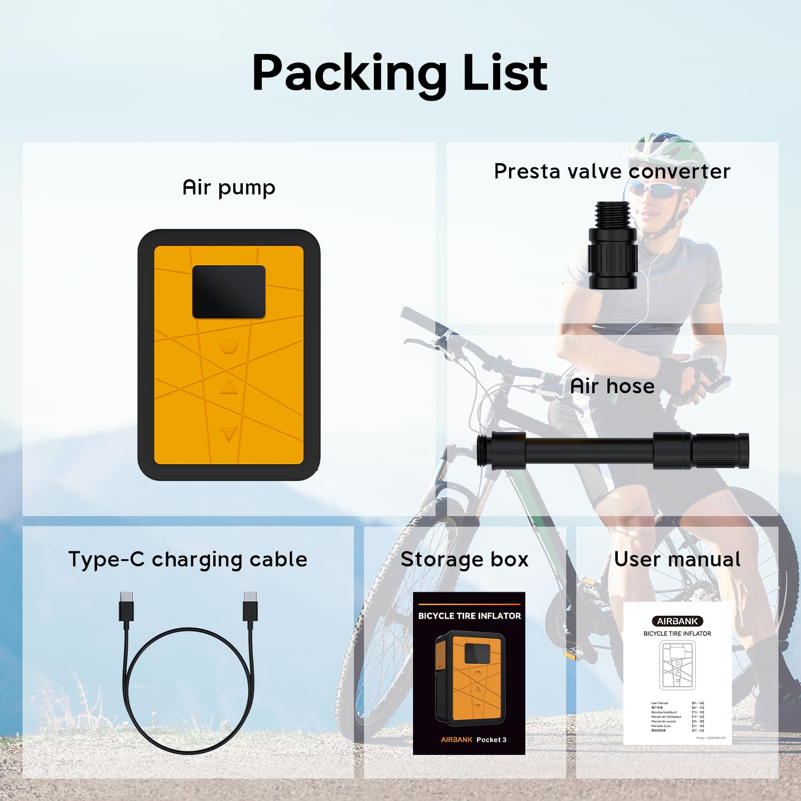 AIRBANK Pompe à vélo étanche avec manomètre, 120 PSI, 600 mAh, Pocket 3 | Étanche, pour les jours de pluie, arrêt automatique, compatible avec les valves Presta et Schrader pour vélos de route