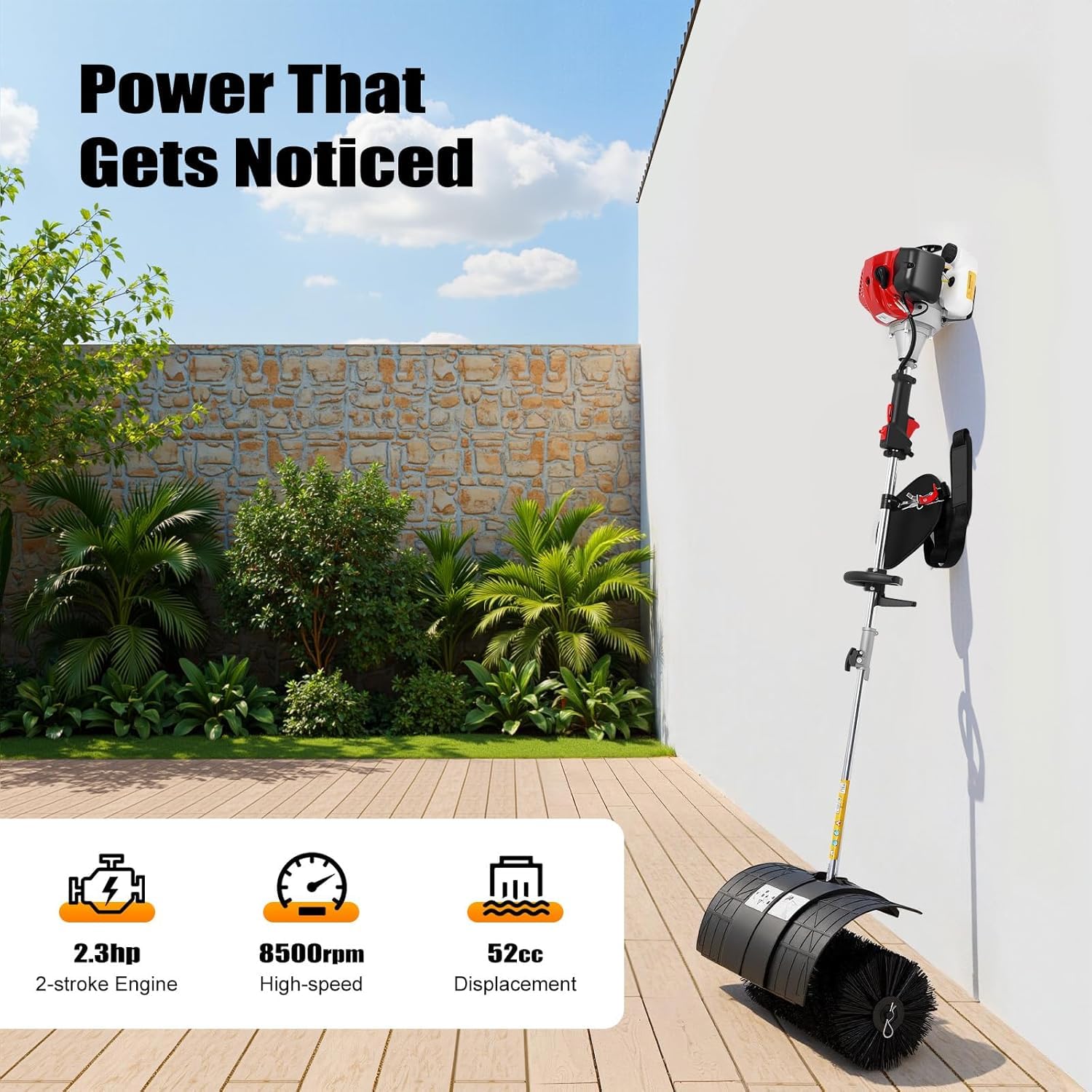 Balai Portatif, Moteur À Essence 2 Temps 52 Cm³ 2,3 CV 1,7 KW, Monocylindre Refroidi par Air, Balai De Nettoyage De Pelouse, Balai Portatif (Longueur du Manche : 153 Cm) Red, Black