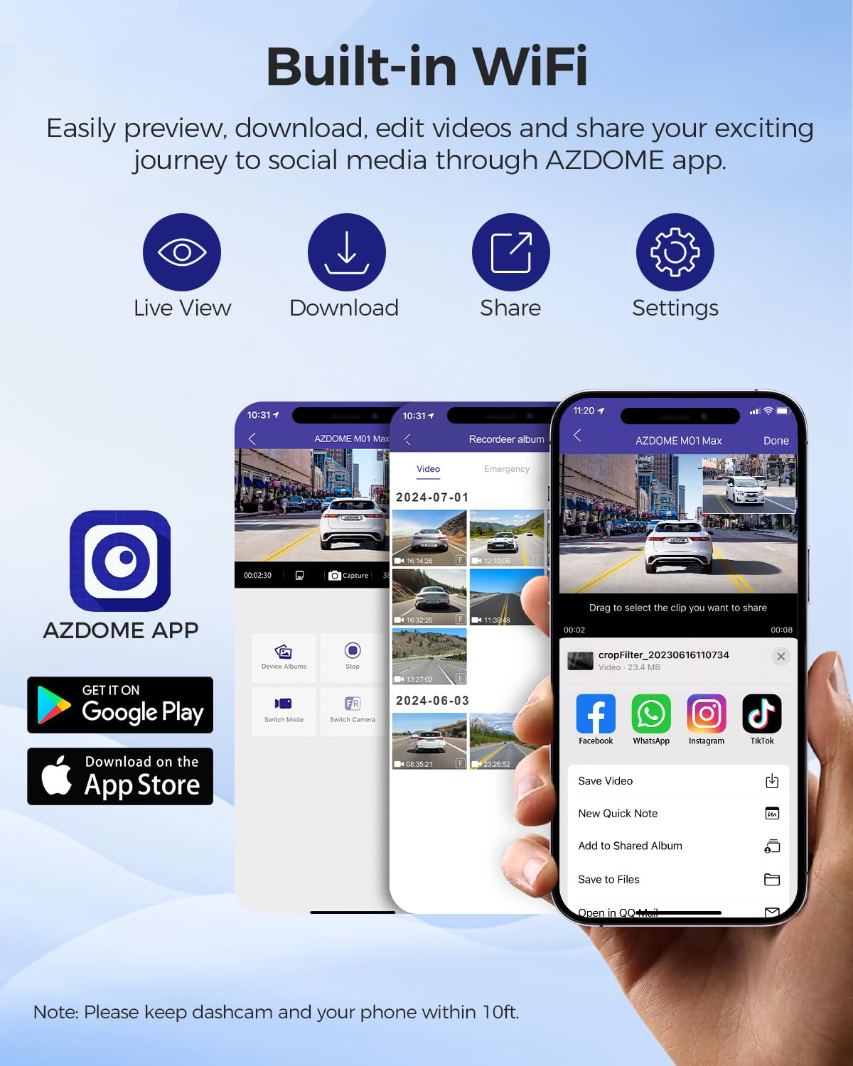 AZDOME Caméra embarquée Avant arrière 4K + 1080P, WiFi 4K, avec Carte SD 64 Go, Double caméra de Voiture avec Super Vision Nocturne, WDR, ADA, Enregistrement en Boucle, accéléromètre, Surveillance du