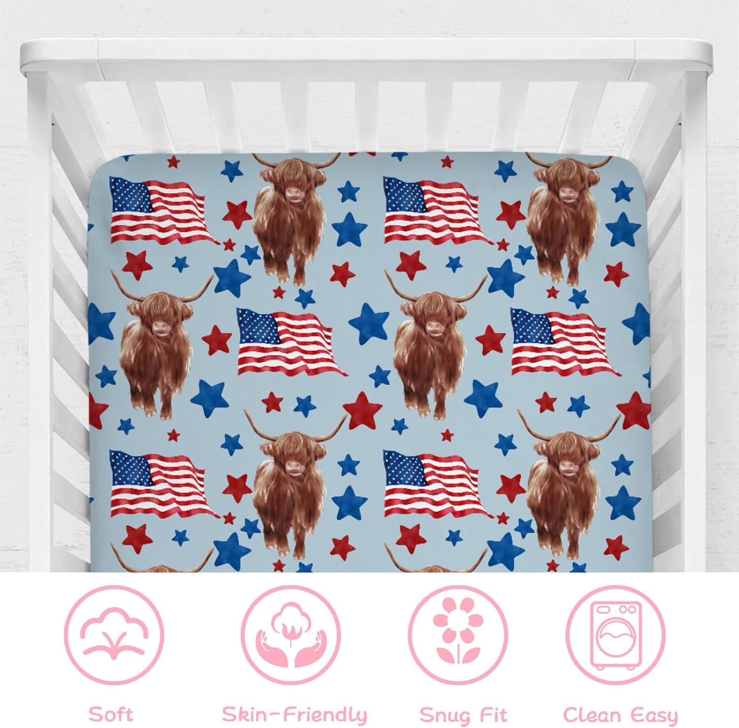 Highland Cow American Flags Baby Crib Sheets 52''x28'' Highland Yak Stars Fitted Crib Mattress Cover for Boy Girl Baby Toddler Bed Crib Sheets for Standard Crib and Toddler Mattress