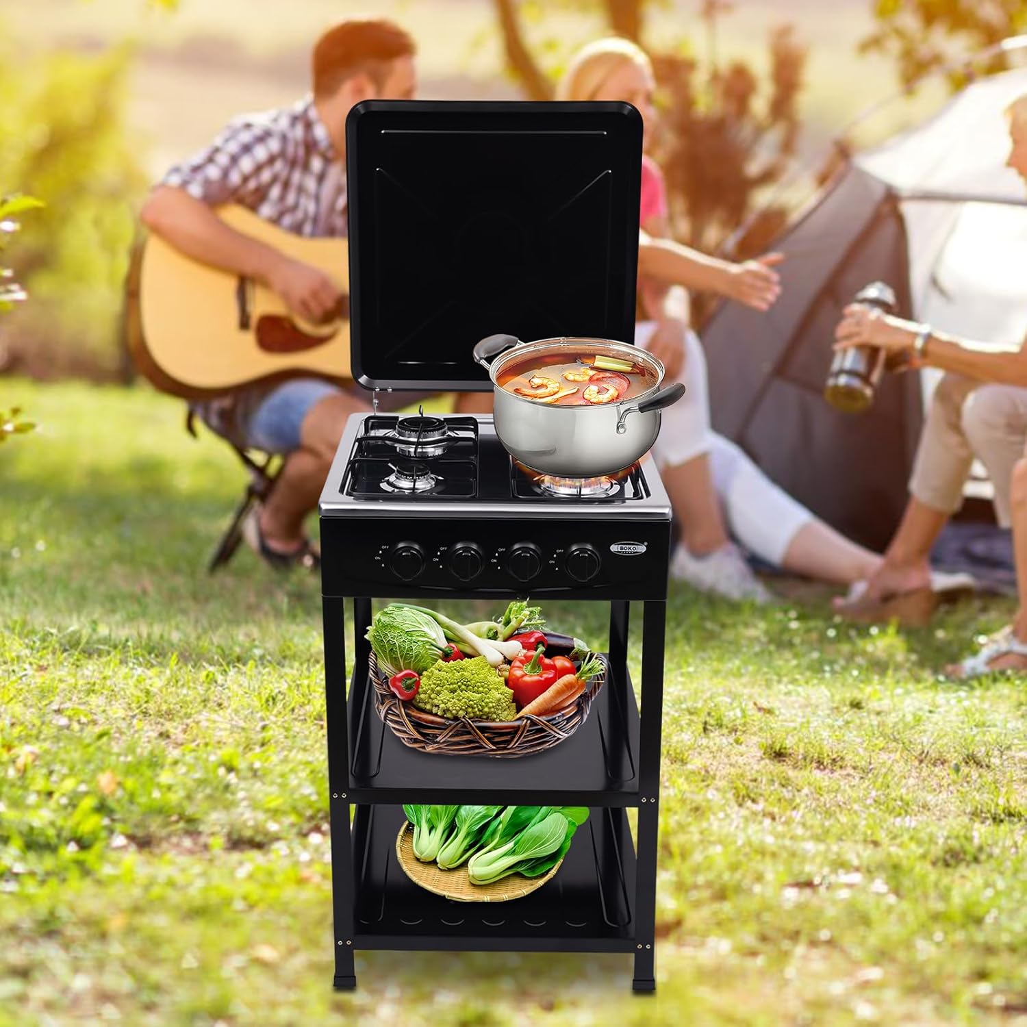 4 Burner Gas Stove Portable Outdoor Stove with Storage Rack, Stainless Steel LNG LPG Camping Grill Stove with Wind Shield Cover and Removable Support Leg Stand, Manual Ignition Camping Stove (Black)