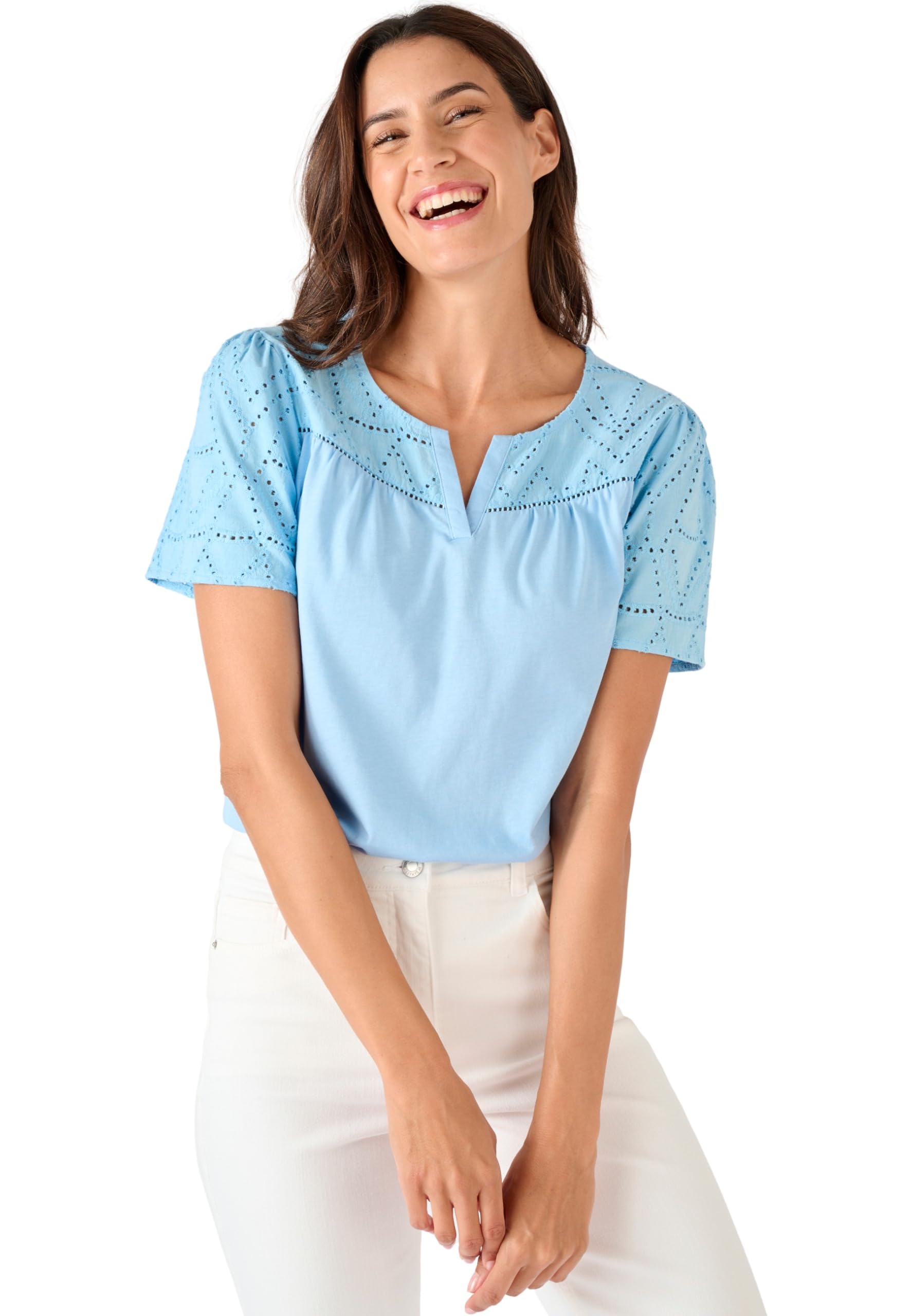 Damart - Broderie Anglaise Detail Top, Baby Blue, 18/20