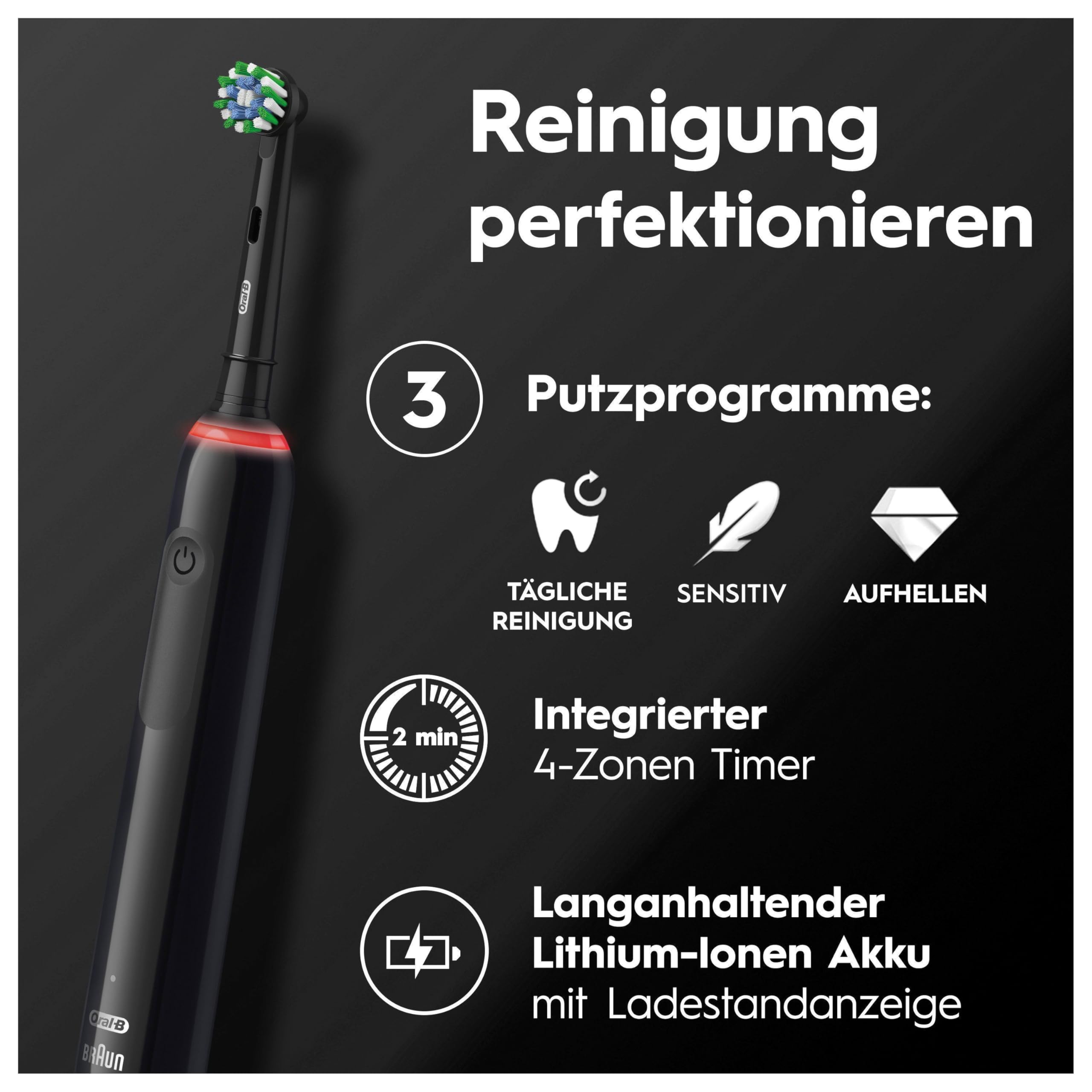 Oral-B PRO 3 series 3 Elektrische Zahnbürste/Electric Toothbrush,2 Sensitive Clean Aufsteckbürsten,3 Putzmodi und visuelle 360° Andruckkontrolle für Zahnpflege, Geschenk Mann/Frau, schwarz, 1 stück