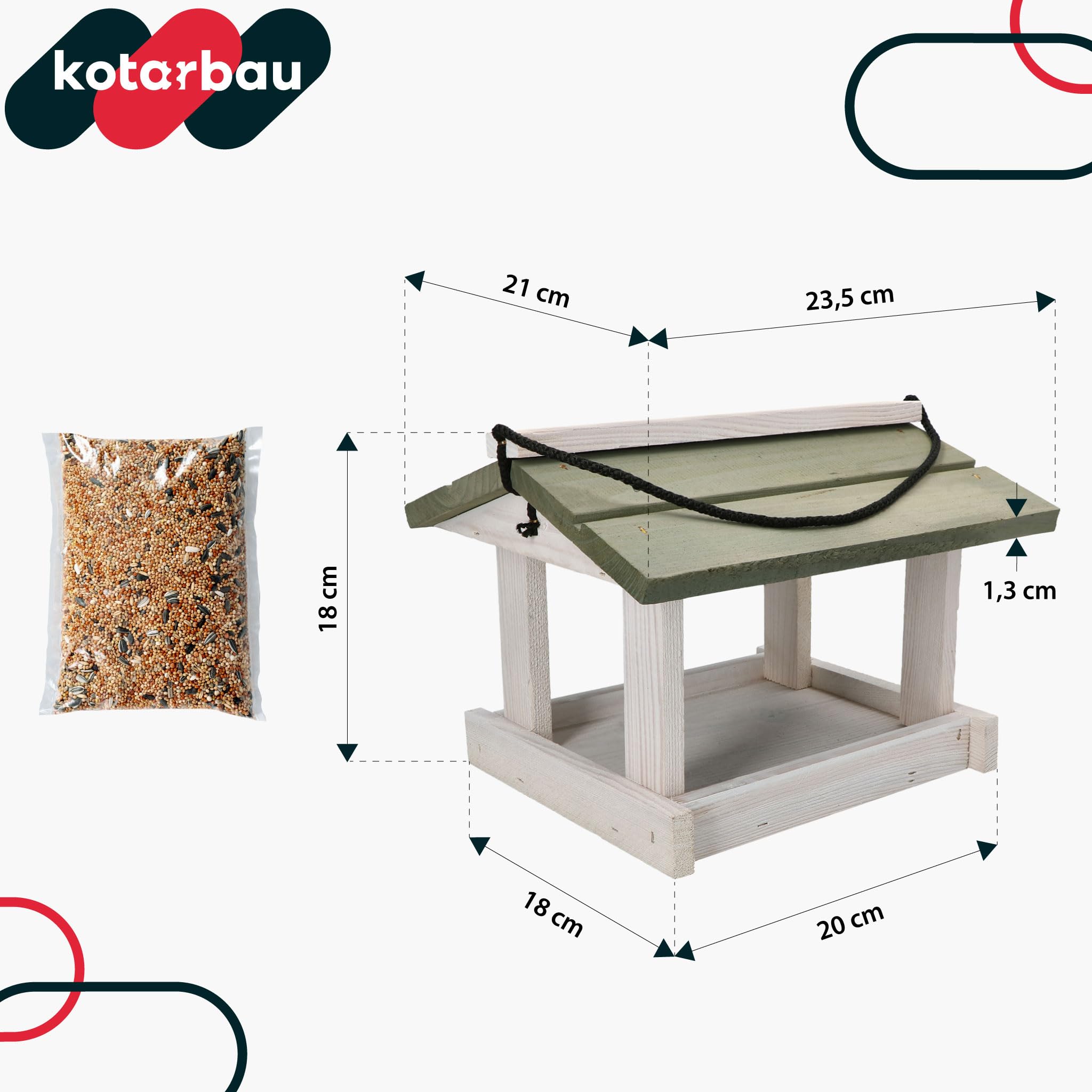 KOTARBAU Mangiatoia Uccelli da Esterno Legno 23.5x21x18 cm Bianco Grigio Casetta Uccellini Selvatici Decorazione Giardino