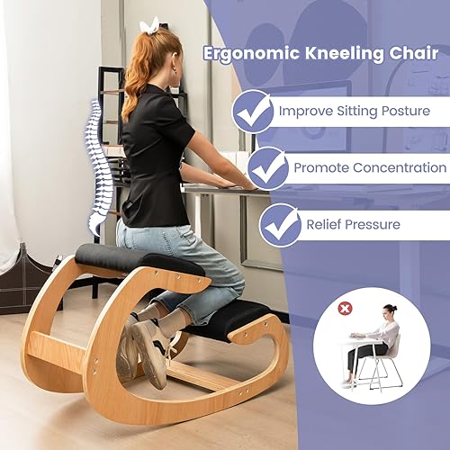 Miniatura 4 de GOFLAME Silla ergonómica para arrodillarse, mecedora de madera con cómodo cojín de asiento acolchado y soporte de rodilla para oficina en casa,