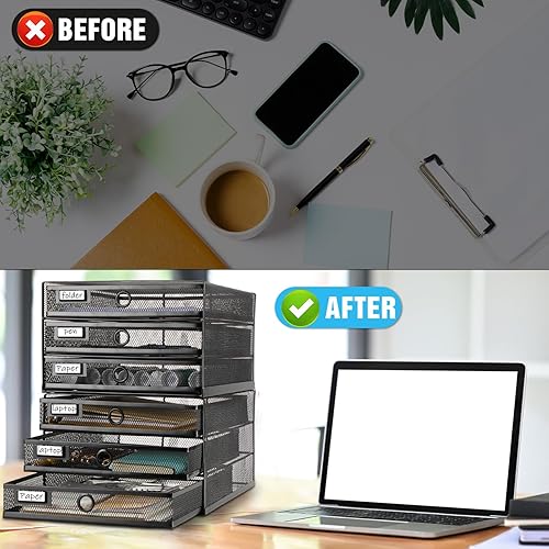 Miniatura 5 de Zhanmai Organizador de escritorio de 2 piezas con cajón en total de 6 niveles, bandeja organizadora de malla de alambre, organizador de papel Negro