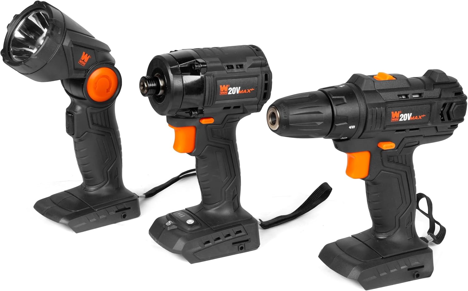 WEN 20V Max Cordless Drill, Brushless Compact Impact Driver, and LED Work Light/Flashlight Combo Kit (Tool Only - Battery Not Included) (20VK3DBT)
