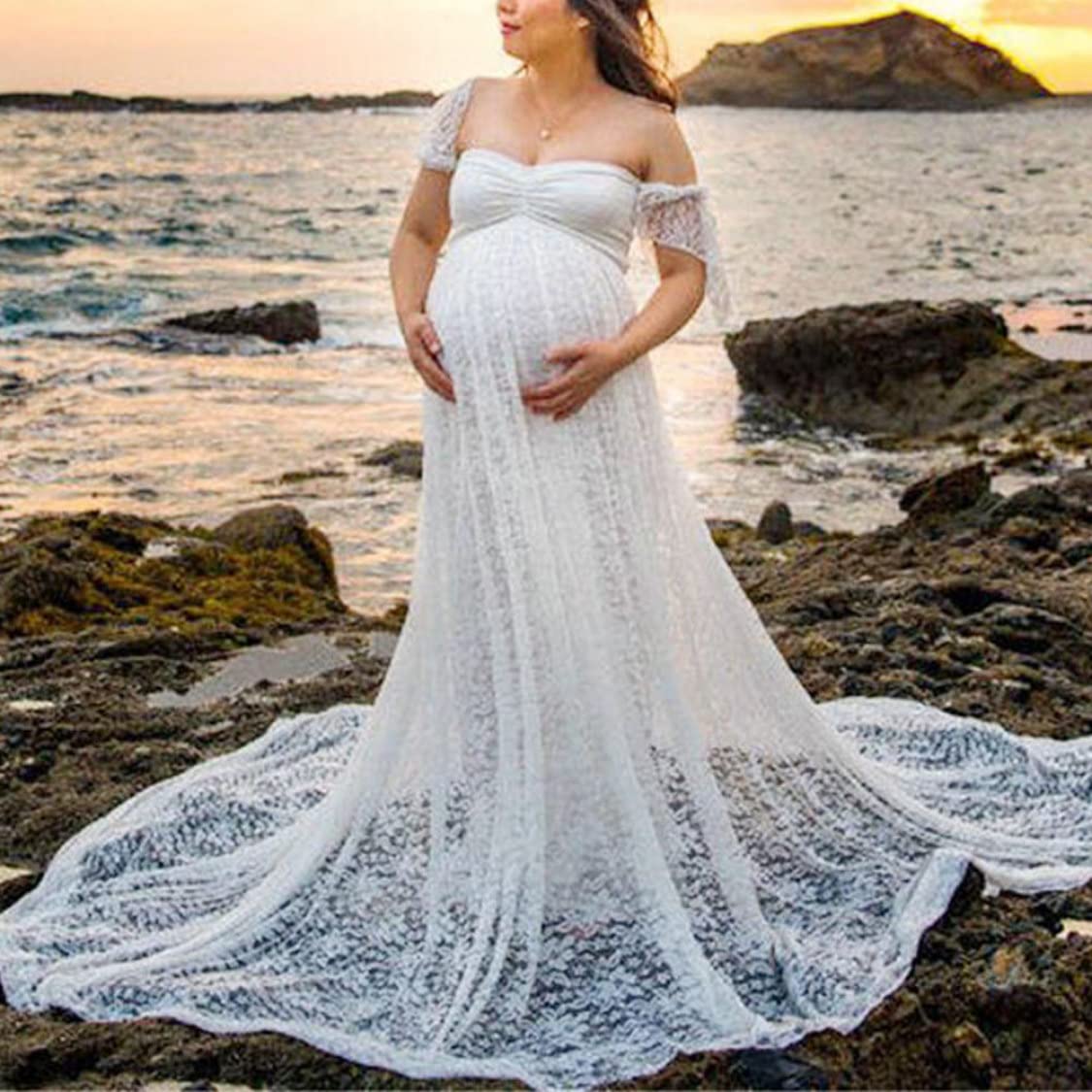 Robe de Photographie de maternité Fantaisie en Dentelle, Robe Grossesse Florale à épaules dénudées pour Femme Blanc 2XL