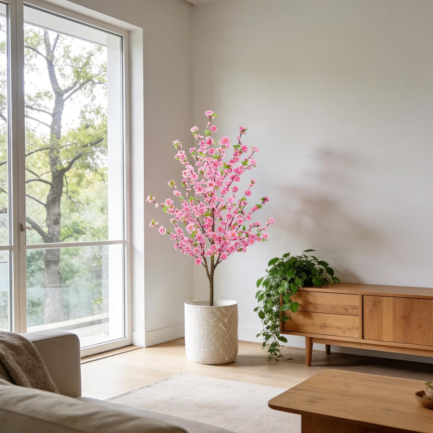 150 cm Arbre Artificielle Interieur Cerisier Rose Fausse Plante | Plantes Artificielles Grande avec Fleur Rose Arbre de Cerisier en Plastic Fausse Plante en Pot pour Deco Salon Chambre Bureau