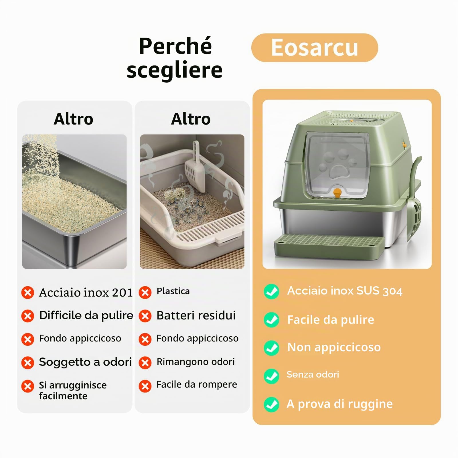 Lettiera per Gatti in Acciaio Inox, Lettiera Gatto Chiusa XXL, 60 x 40 x 39 cm Toilette per Gatti Grande XL con Pala, Cassette igieniche per gatto, Doppio Strato Opaco - Verde