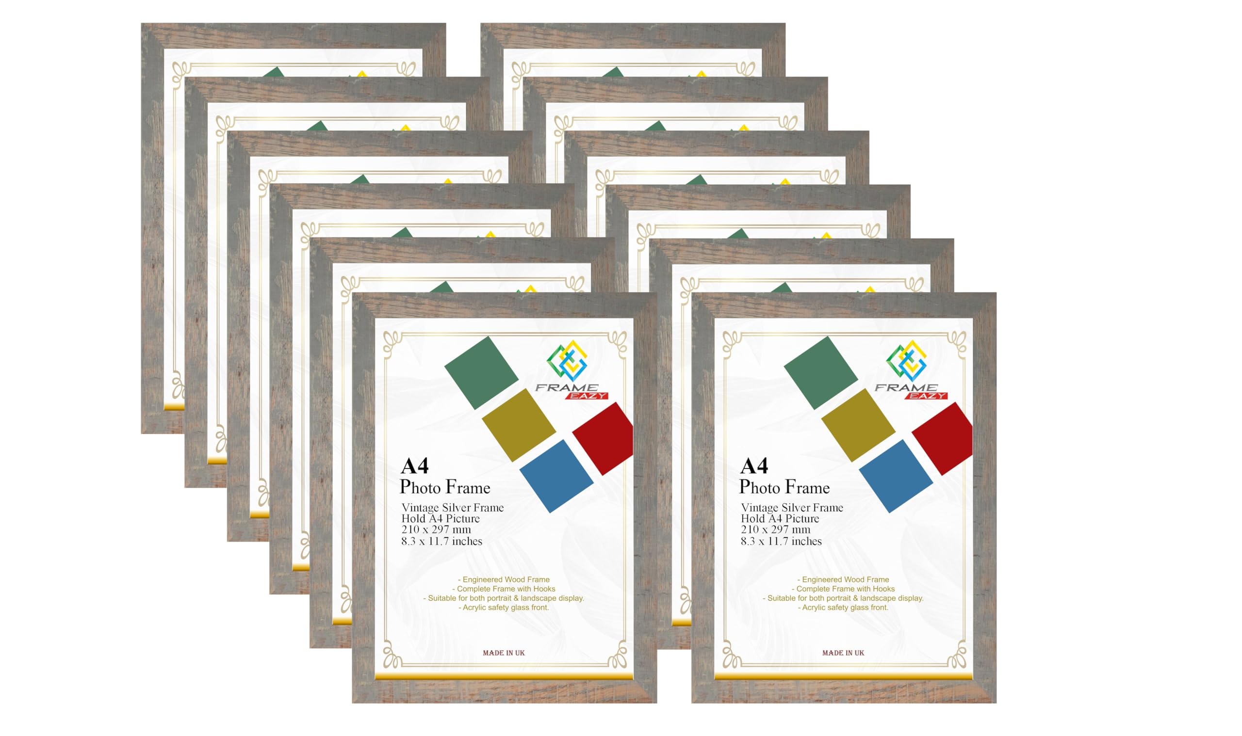 Frame Eazy Vintage Silver Modern A4 Photo Frame Multipack of 6 in Size 29.7 x 21cm Picture Frames - A4 Certificate Frame - Vintage Silver Frame with Clear Perspex Sheet & Wall Mounted Hooks - Box of 6