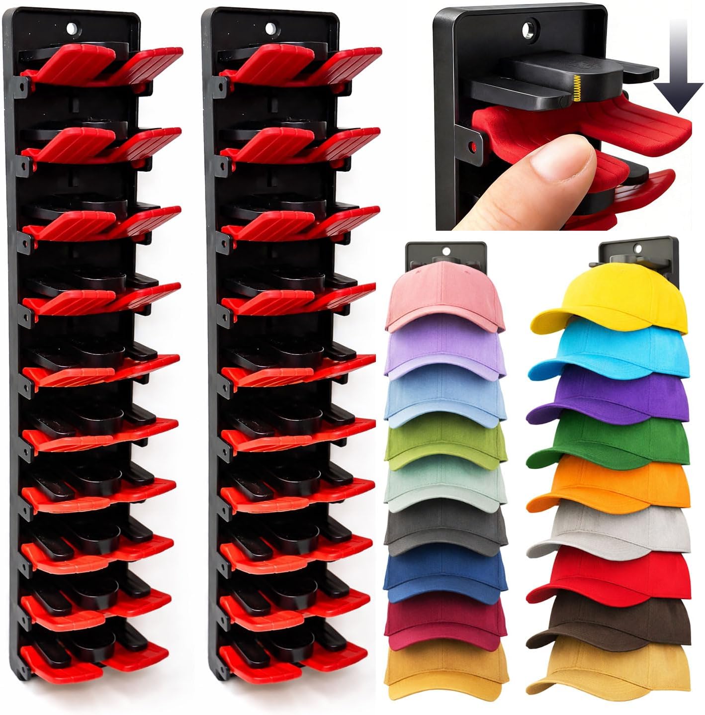 Hat Organizer for Baseball Caps, 2-Pack Wall Hat Rack with Spring Clips, Holds 20 Caps, Adhesive or Screw Mount Closet Hat Storage (3 Colors Available) (Multicolor)